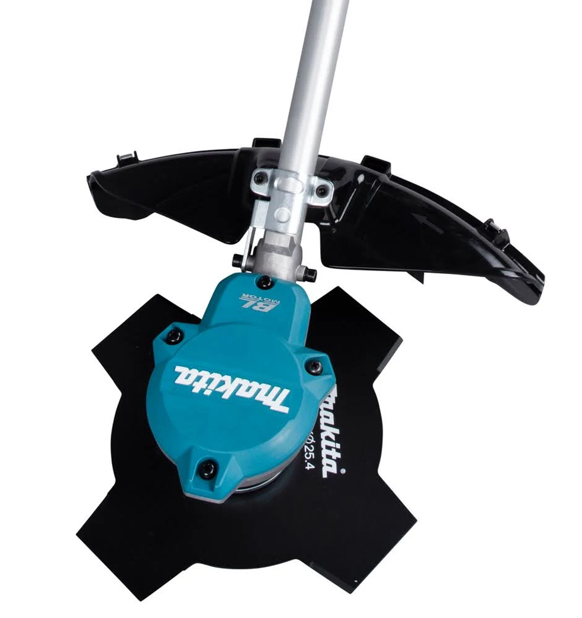 Kabelloser Makita-Rasentrimmer mit schwarzem Messer und tealfarbenem Motor.