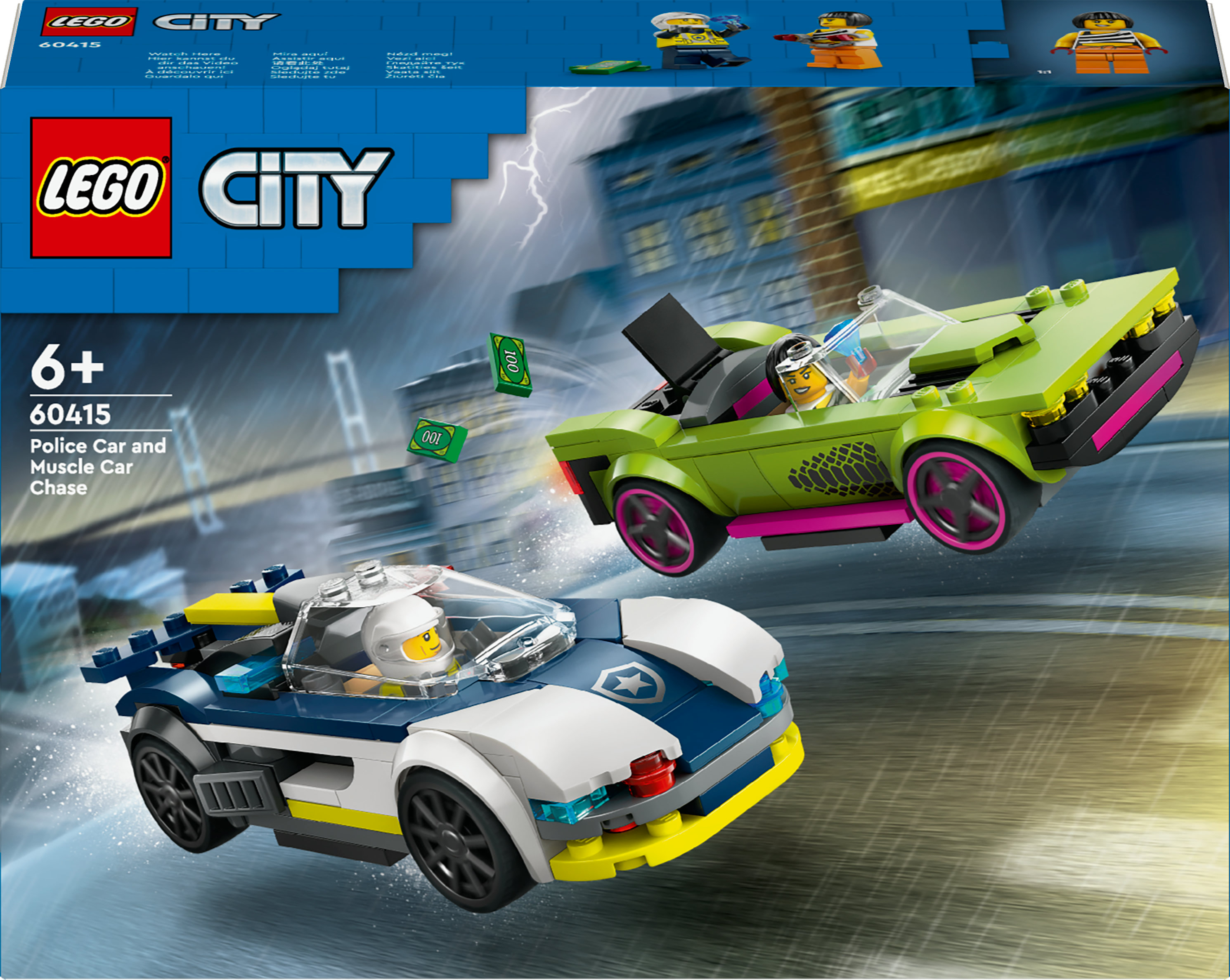 Zestaw pościgu z radiowozem i samochodem typu muscle car Lego City. Dwa samochody w scenerii ulicznej. Niebieski i zielony.