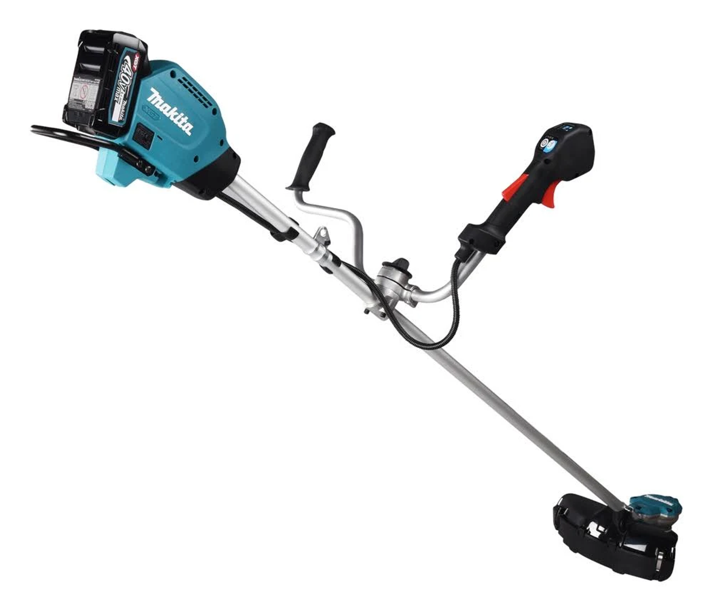 Ein türkis-schwarzer Makita Akku-Trimmer mit Akku und schwarzem Griff.