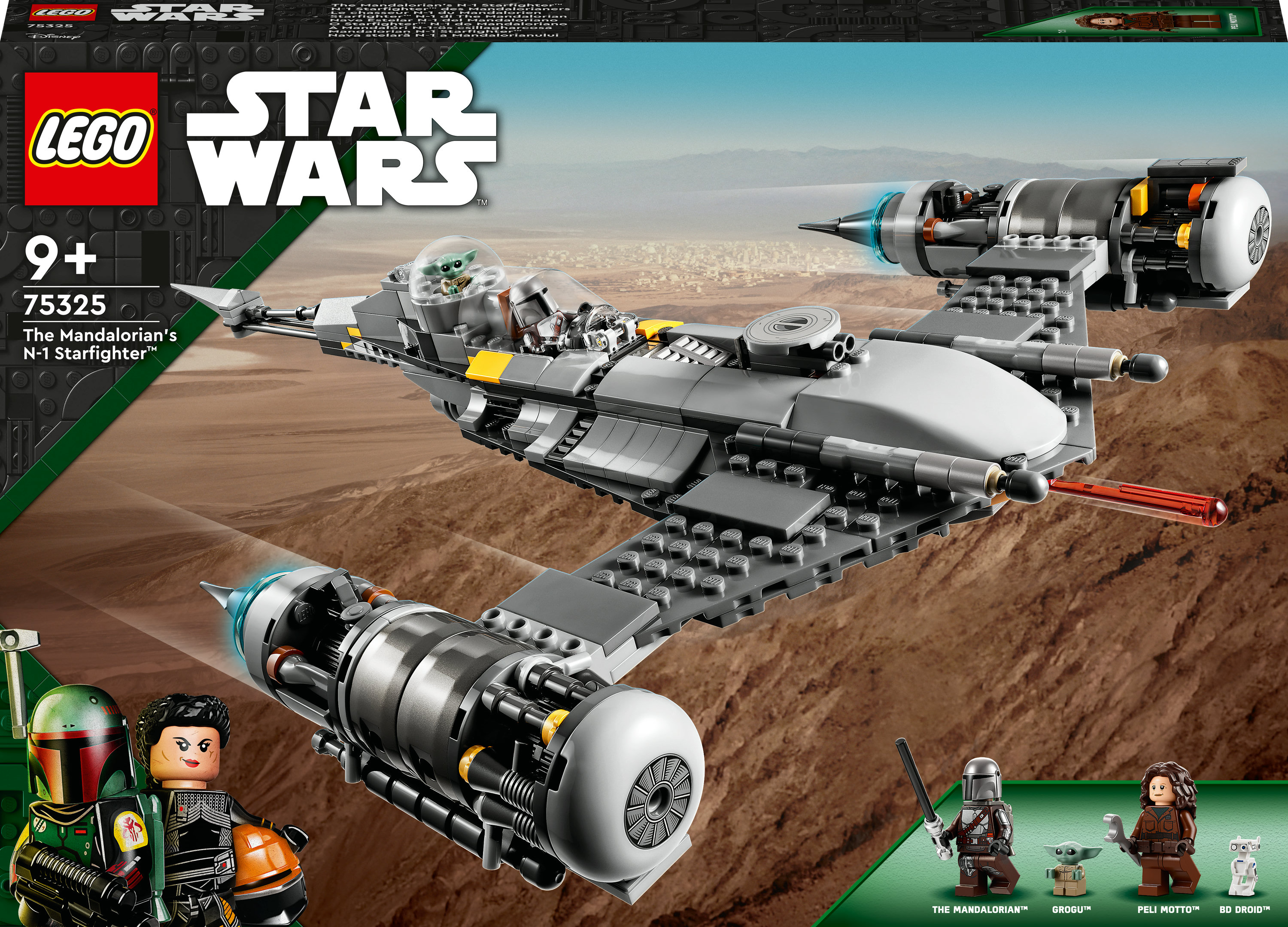 Zestaw Lego Star Wars. Pudełko przedstawia szary myśliwiec N-1 Mandalorian z minifigurkami.