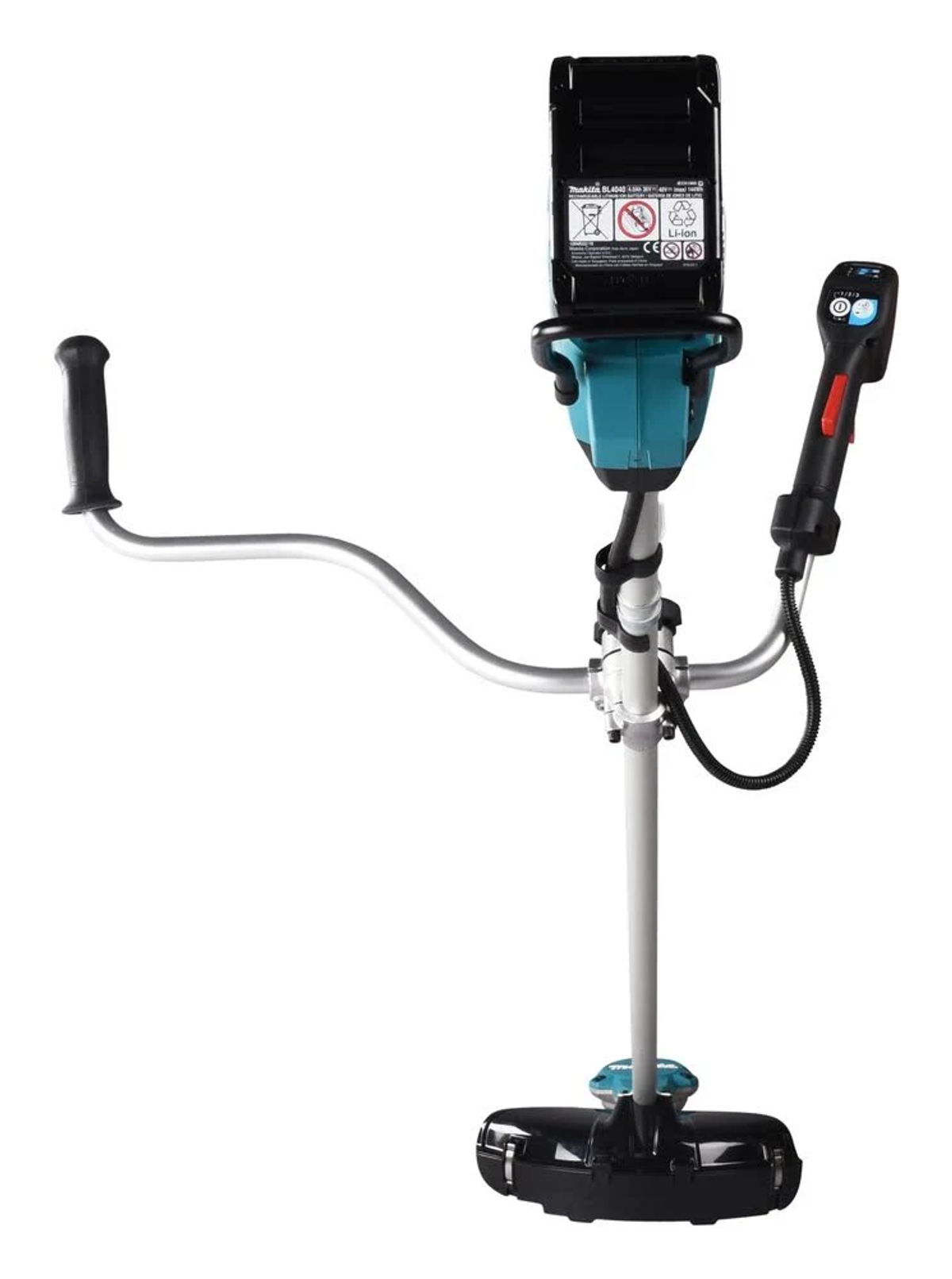 Ein grün-schwarzer elektrischer Rasentrimmer mit silbernem Griff und schwarzem Motorgehäuse.