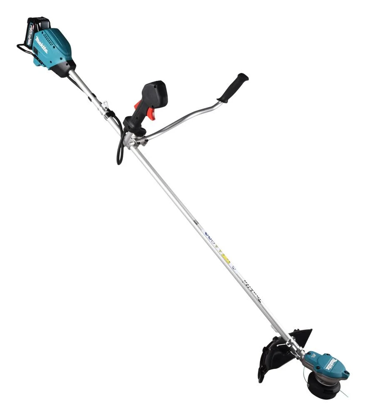 Ein Makita-Trimmer, türkis und silber, vor weißem Hintergrund. Er hat einen schwarzen Griff.