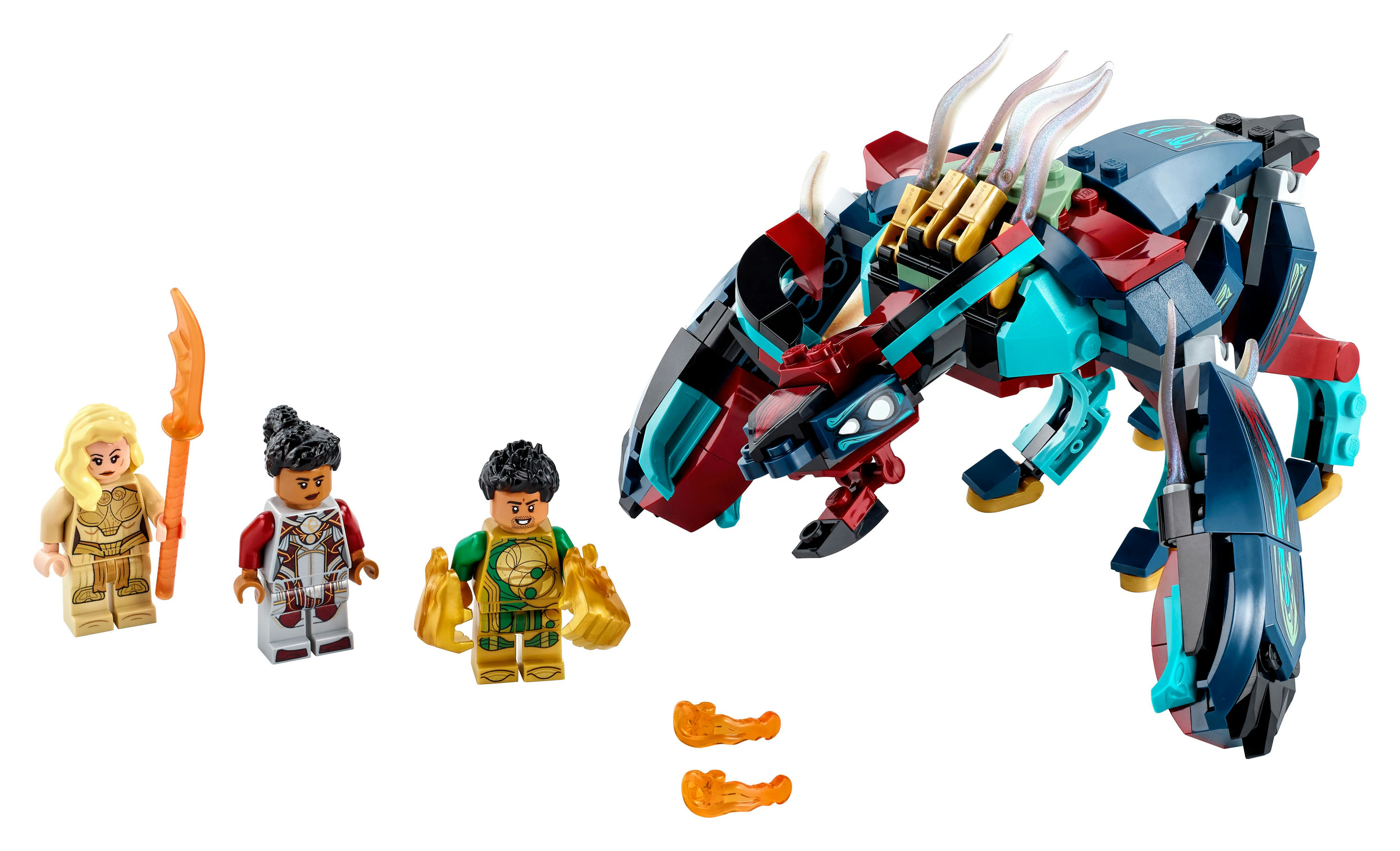 Lego-Set mit Figuren und einer drachenartigen Kreatur in mehreren Farben.
