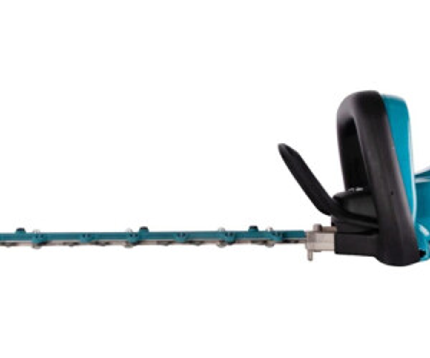 Niebiesko-czarne nożyce do żywopłotu Makita, z długim ostrzem i czarnym uchwytem.