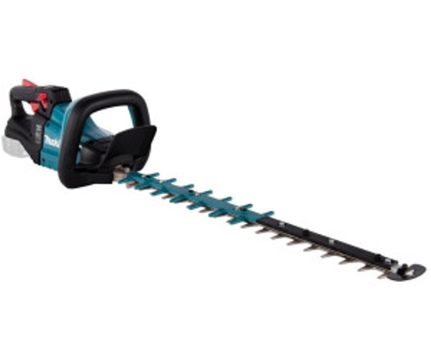 Czarna i turkusowa elektryczna nożyca do żywopłotu leży na białej powierzchni, pochylona w prawo.