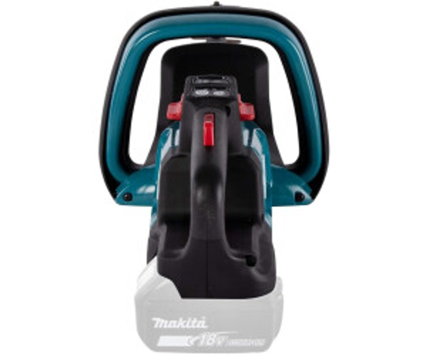 Czarno-turkusowe nożyce do żywopłotu Makita z góry, pokazujące uchwyt i przyciski sterowania.