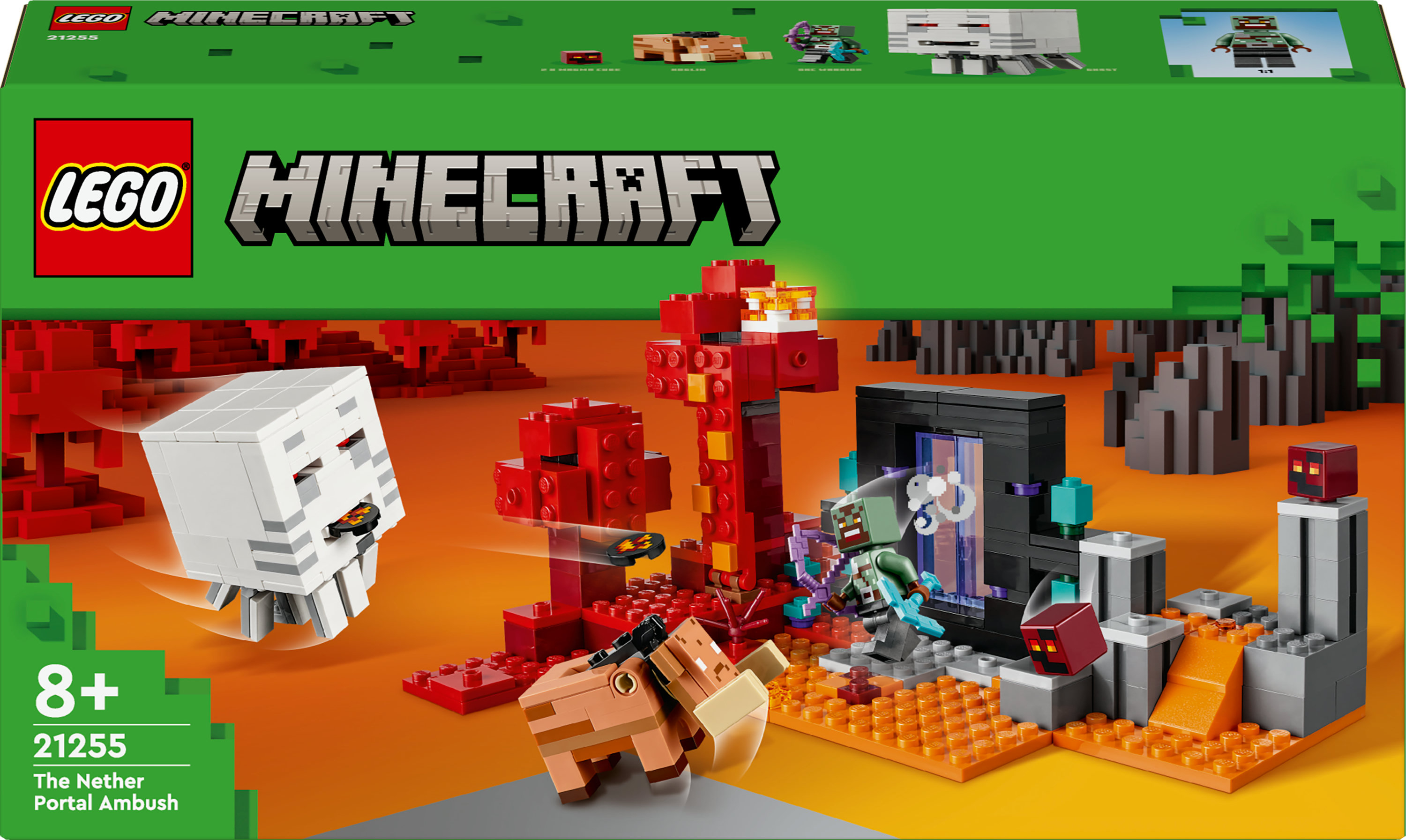 LEGO Minecraft set: a Nether Portal scene with a skeletal figure, lava, and a Minecraft box in the background.