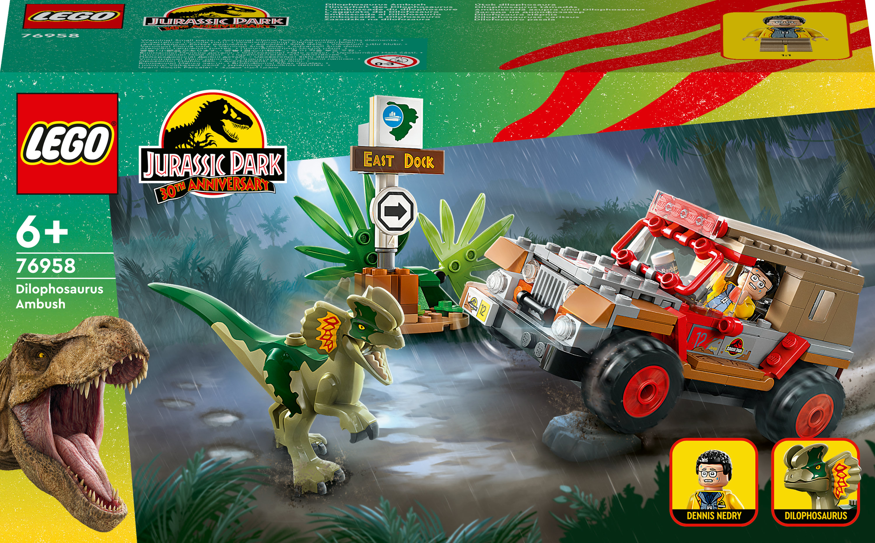 Lego Jurassic Park Set, Dilophosaurus-Hinterhalt. Enthält Jeep, Dinosaurier und Figuren. Grün und rot.