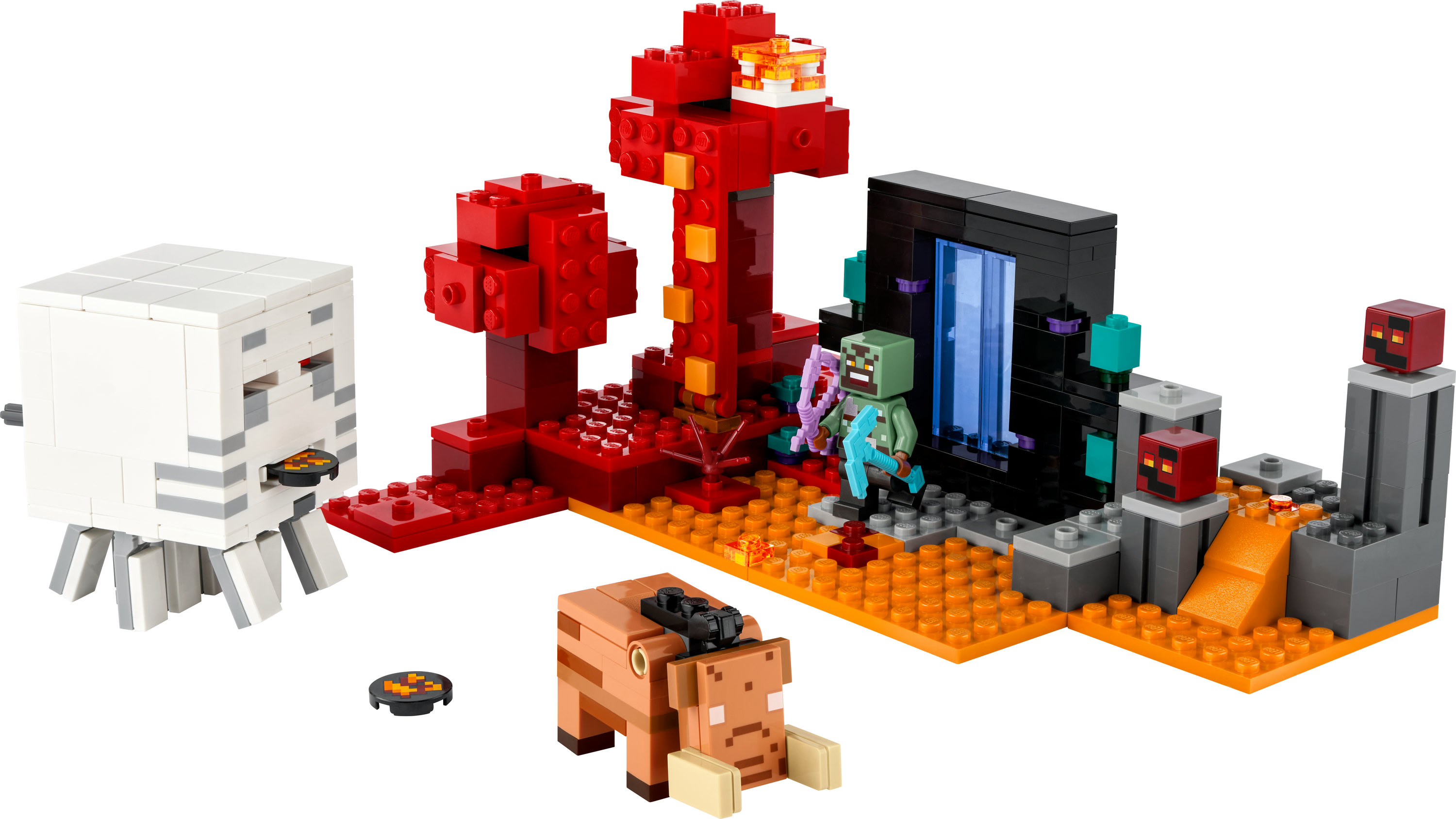 A Lego Minecraft set depicting a Nether portal with a Ghast, a piglin, and other Minecraft figures.