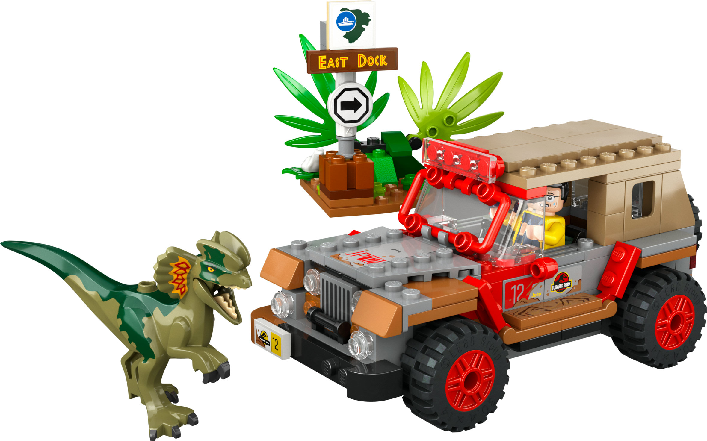 Lego Jurassic Park Set mit Jeep, Dinosaurier und einem Schild mit der Aufschrift East Dock. Grünes Laub ist auch sichtbar.
