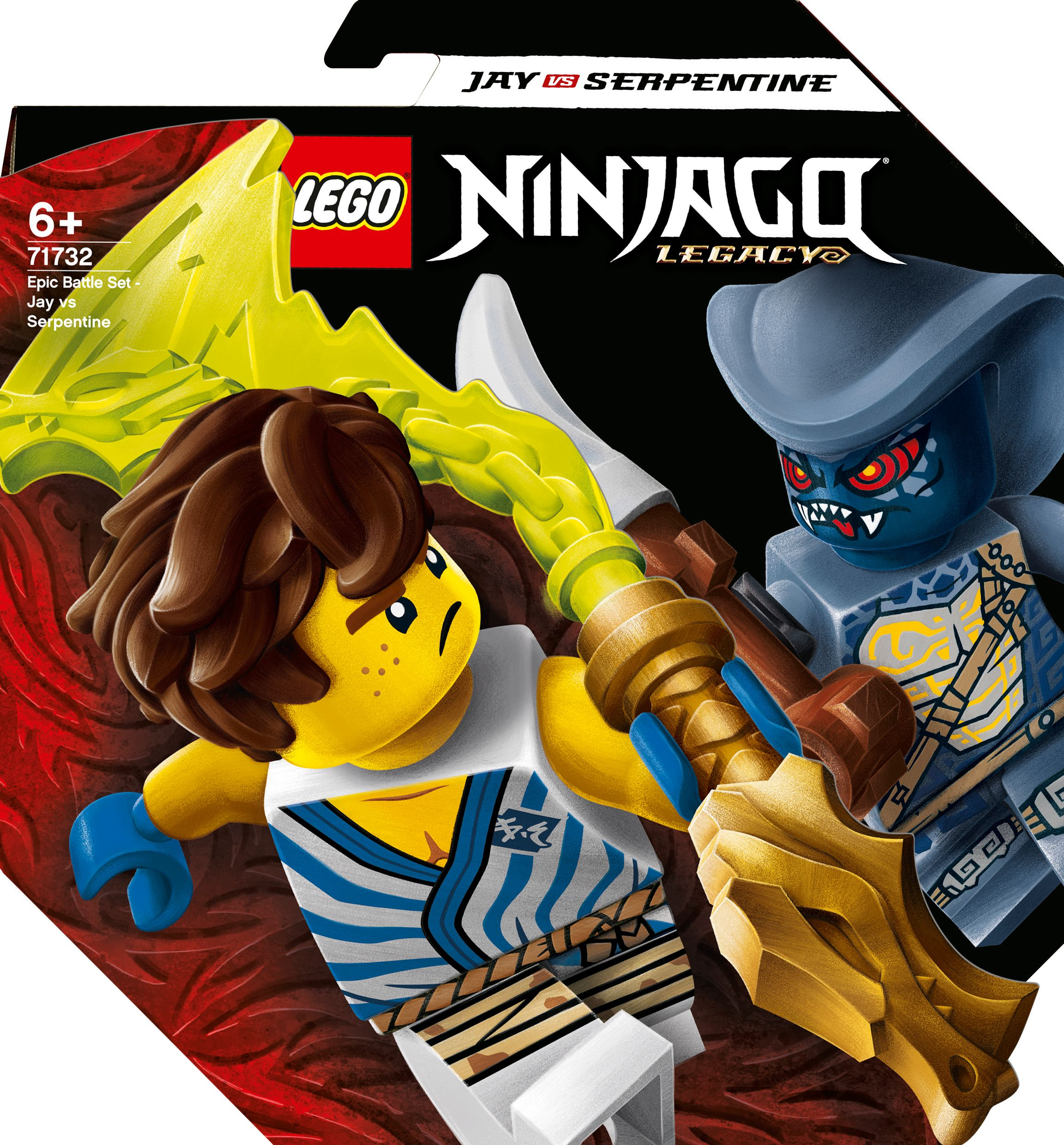 Lego Ninjago Set Verpackung, Jay vs Serpentine. Charaktere in Actionposen. Kräftige Farben und Text.