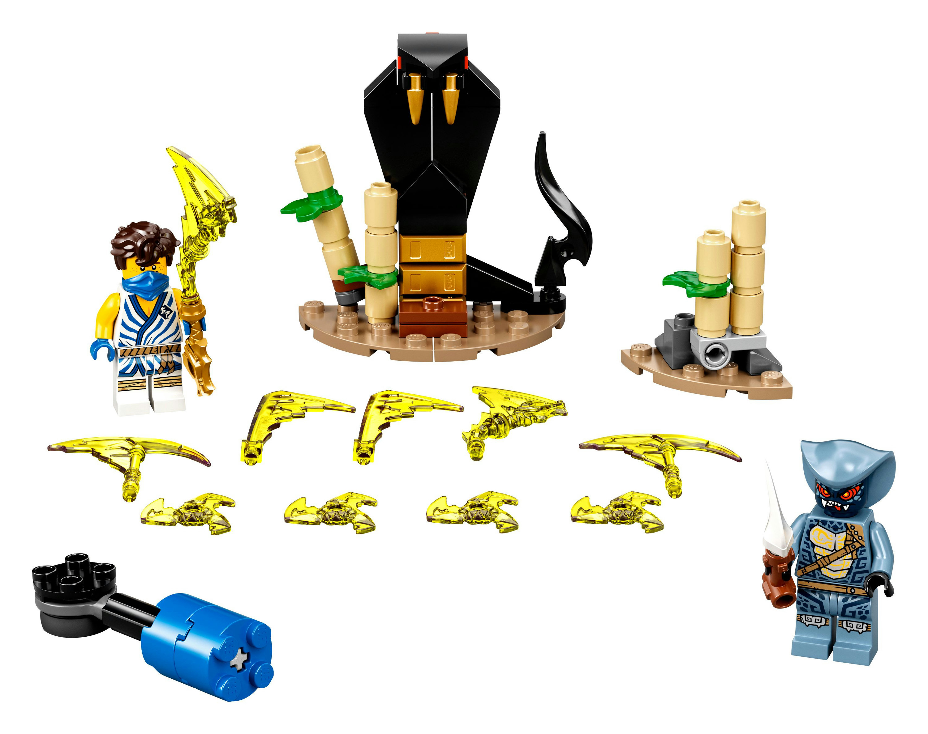 Ein Lego Ninjago Set zeigt zwei Figuren und mehrere Waffenteile mit einer schwarzen Kobra-Struktur.