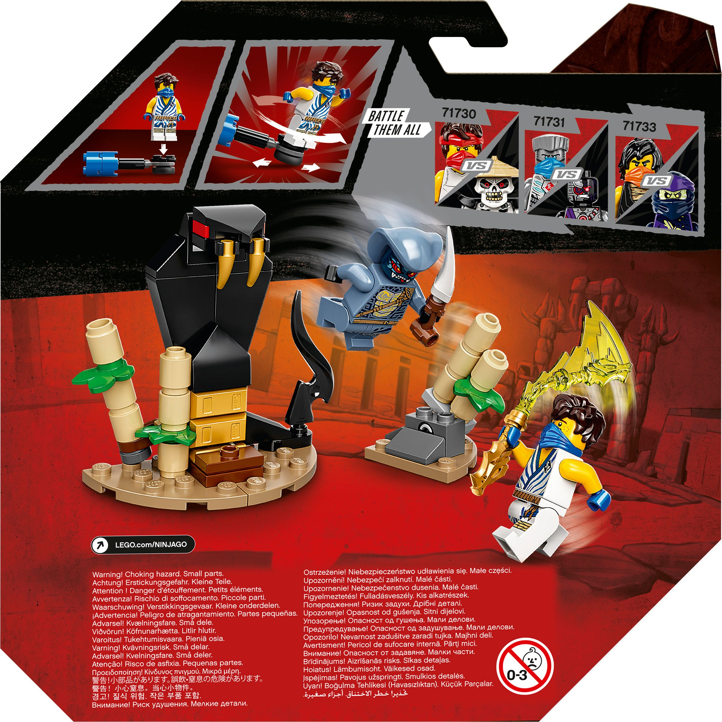 Lego Ninjago-Set mit Figuren, einer Schlange und einer kleinen Struktur.