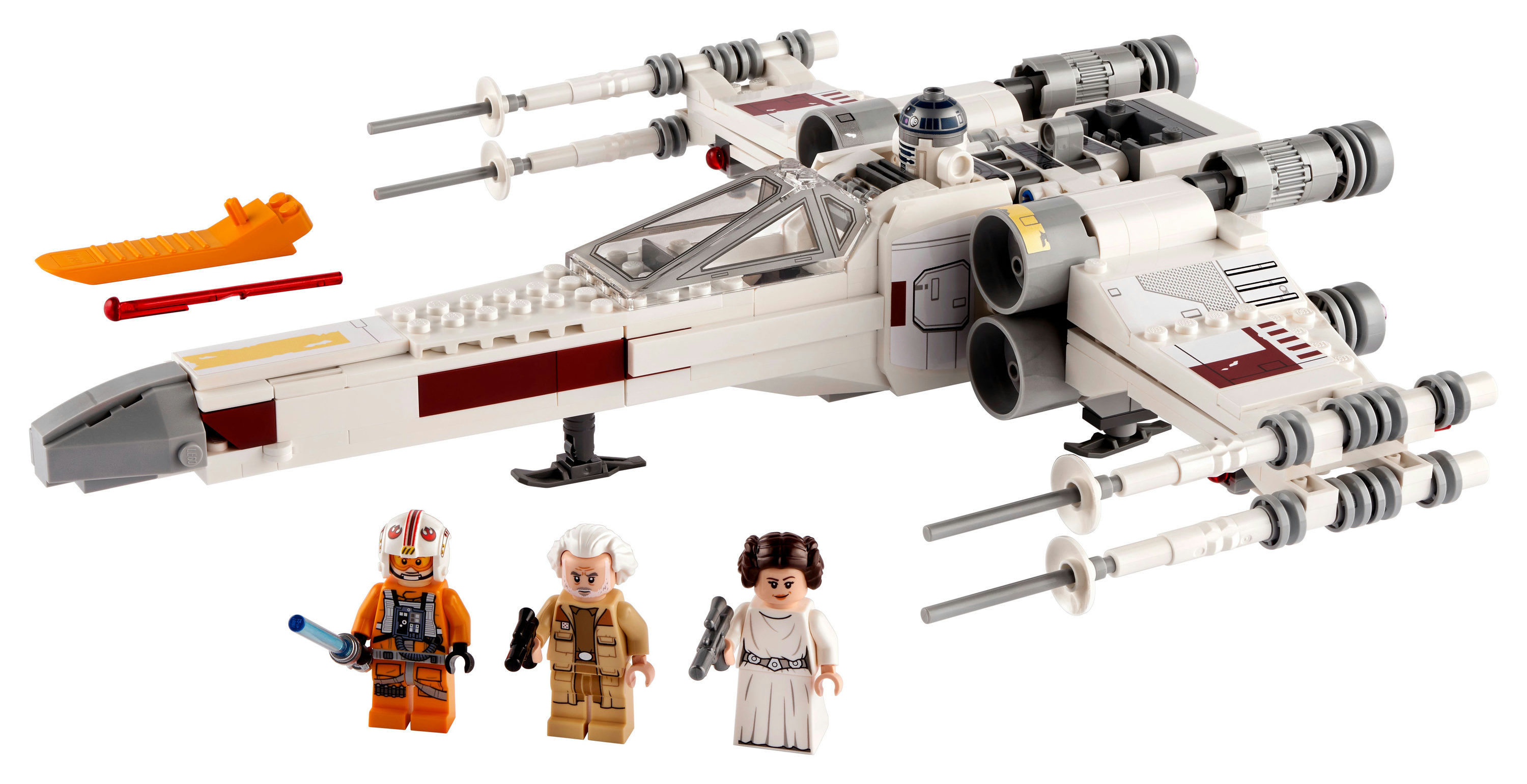 Model Lego X-wing Starfighter z minifigurkami Luke'a Skywalkera, Lei i pilota.