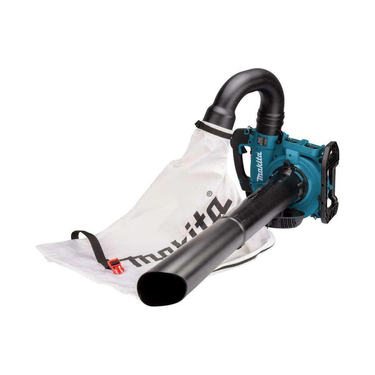 Dmuchawa do liści Makita z białym workiem zbierającym i czarną dyszą, na białym tle.