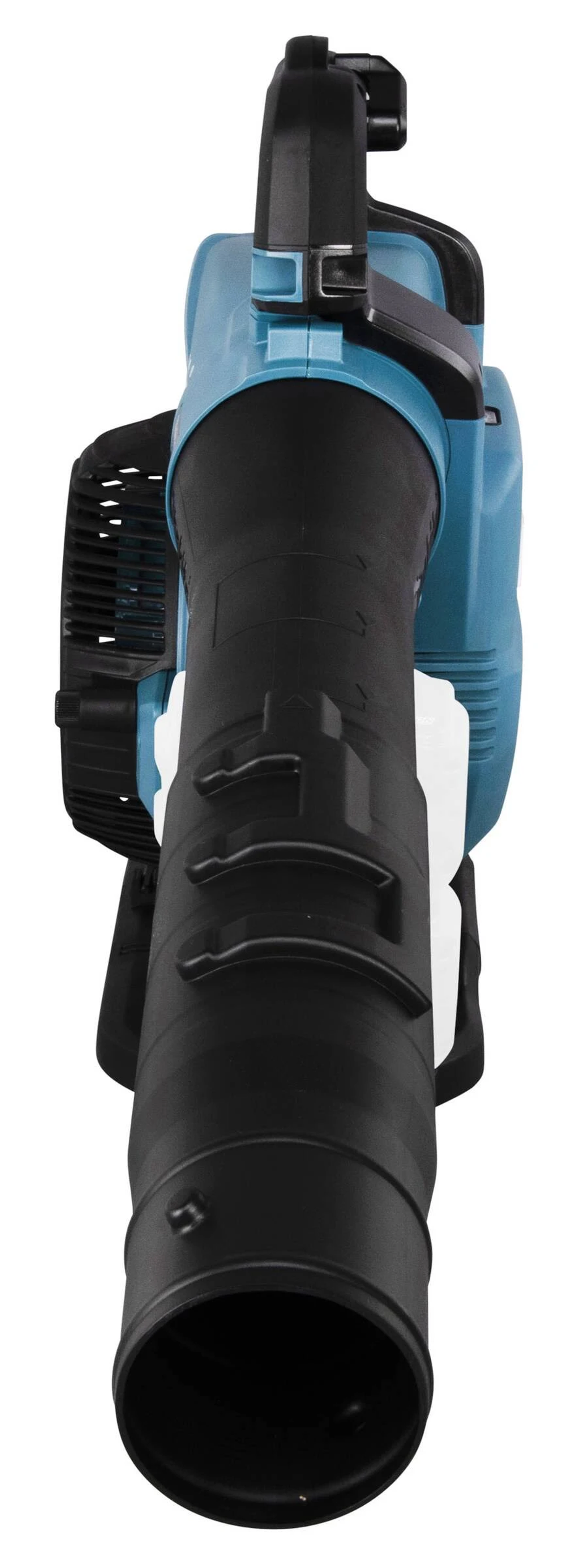 Dmuchawa do liści w kolorze turkusowym i czarnym, widok od strony dyszy, na białym tle.