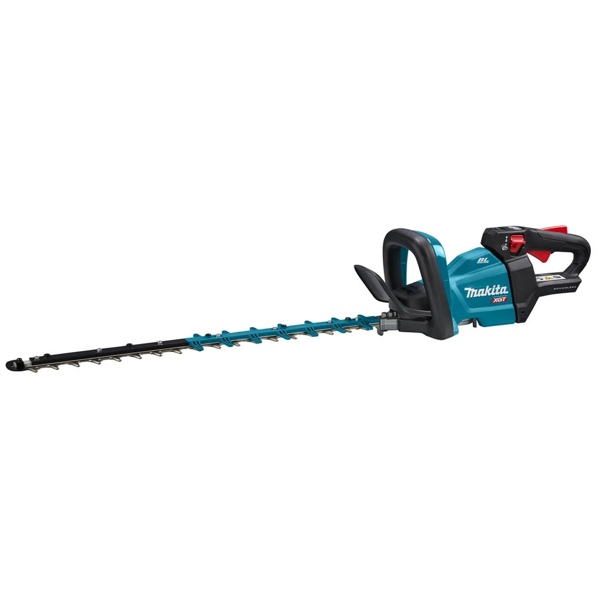Eine teal-schwarze Heckenschere mit einer langen Klinge und einem Griff, positioniert auf einer weißen Oberfläche.