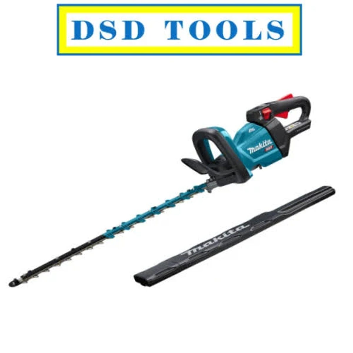 Eine Heckenschere mit blauem Griff und Klinge. Der Text DSD TOOLS steht in einer gelben Box über der Schere.