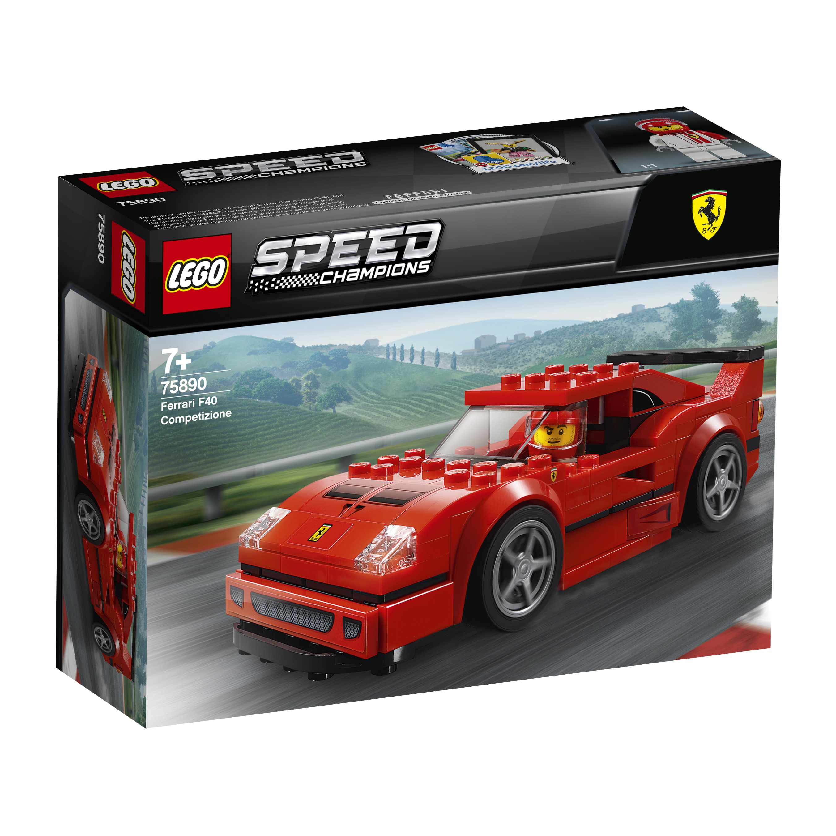 Zestaw Lego Speed Champions Ferrari F40. Czerwony samochód z grafiką na pudełku w tle.