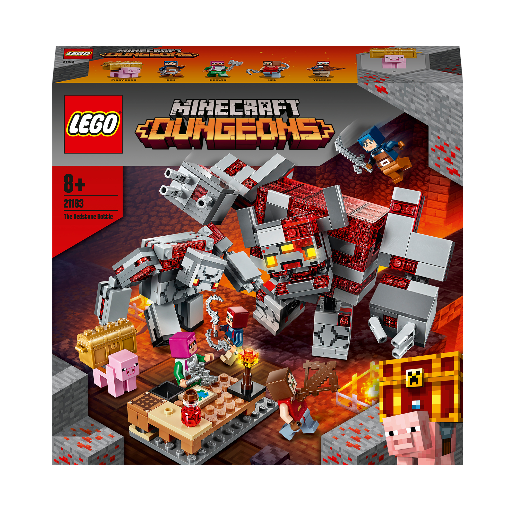 Lego Minecraft Dungeons set with redstone golem and various characters.