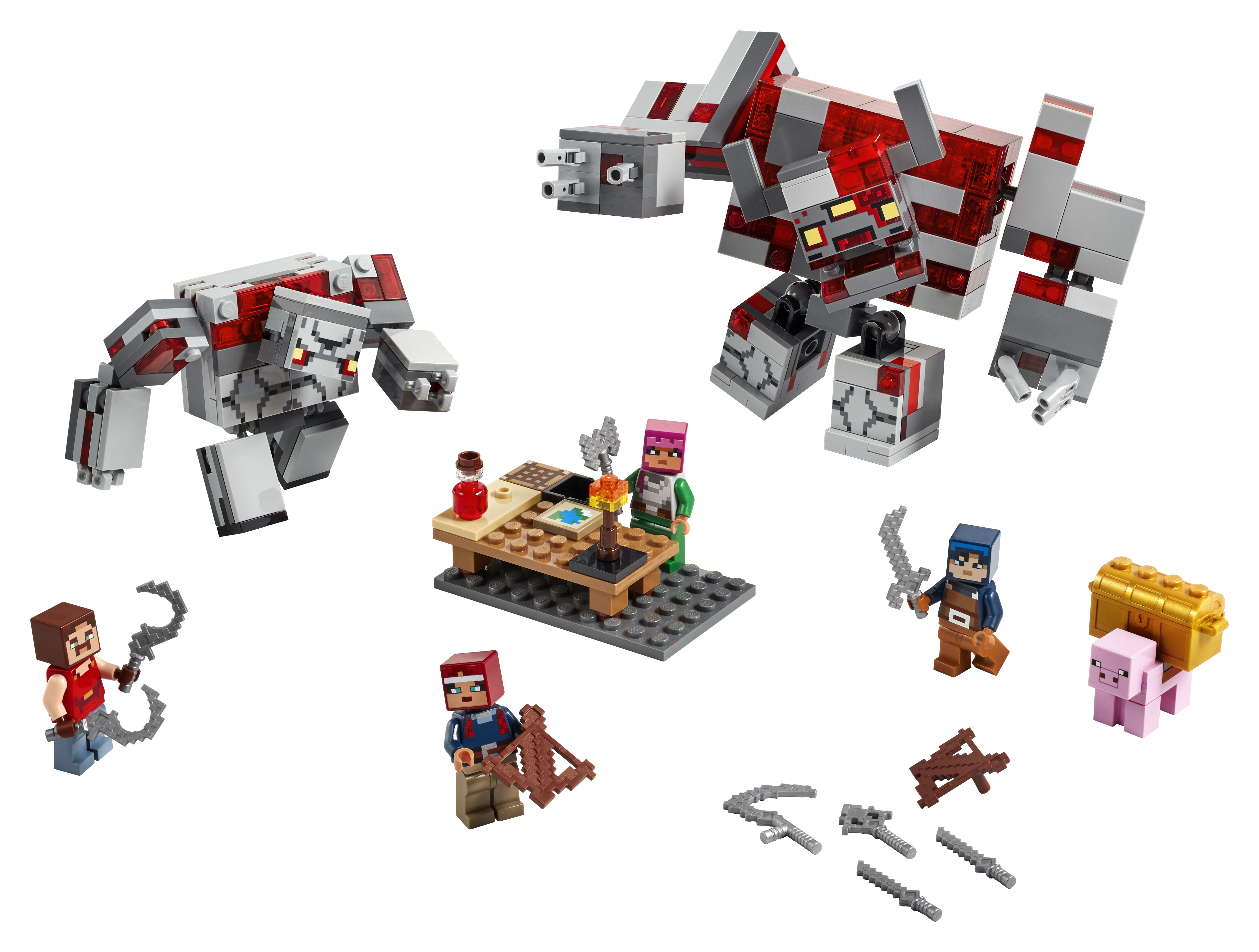 Lego Minecraft set with figures, a crafting table, and a large grey and red monster.