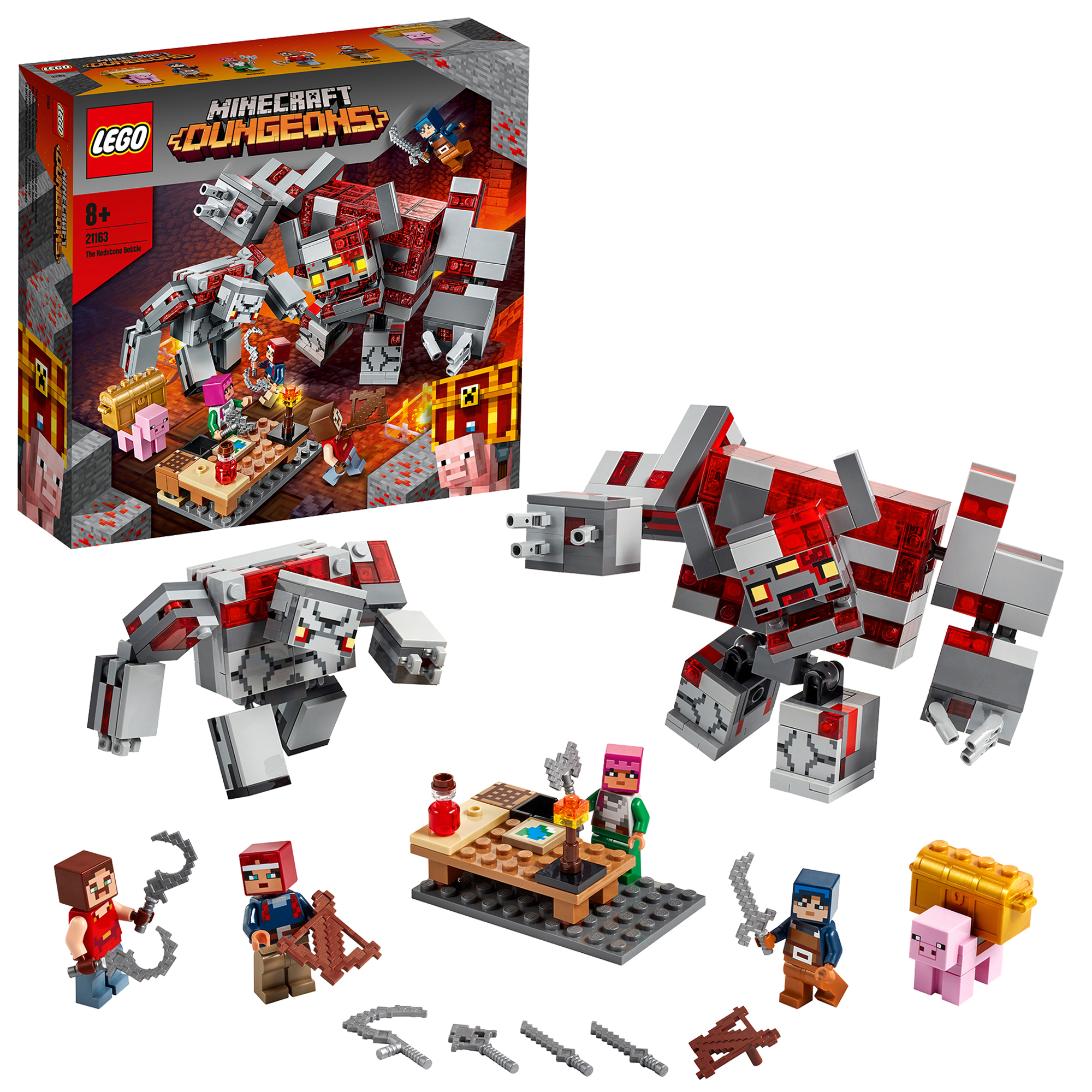 Lego Minecraft Dungeons set. Includes various figures, structures, and accessories, all Lego.