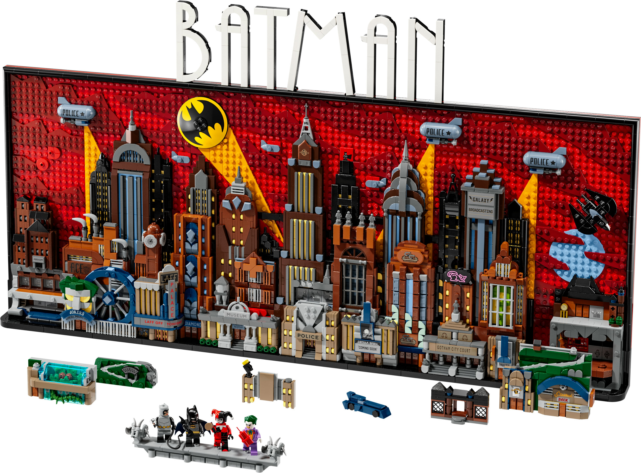 Zestaw Lego Batman: Panorama Gotham City z logo Batmana. Szczegółowe budynki, minifigurki u podstawy. Ciemne i eleganckie.
