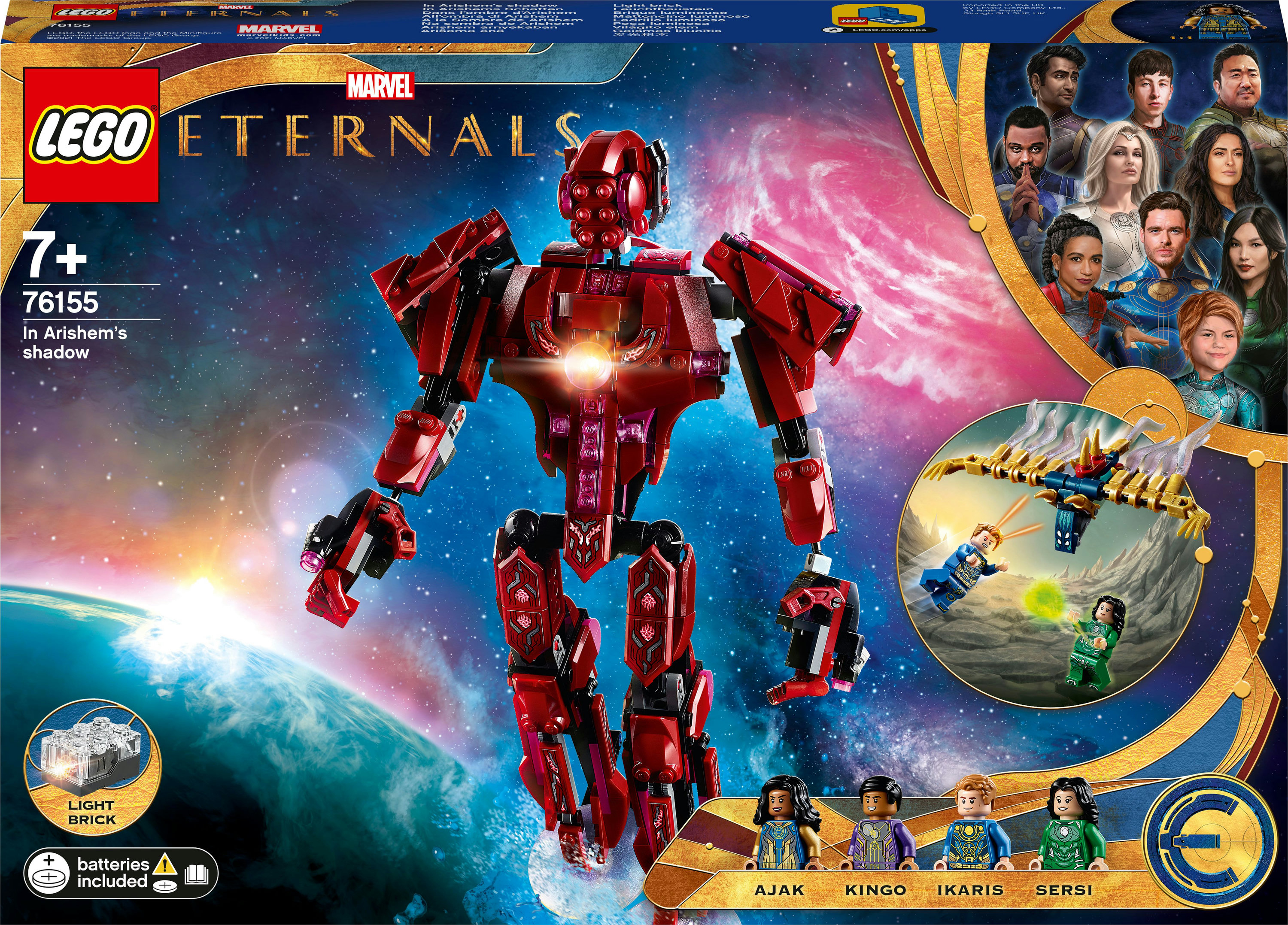 Ein Lego Set Karton von Marvel Eternals in Arishems Schatten, mit Minifiguren und Hintergrund.