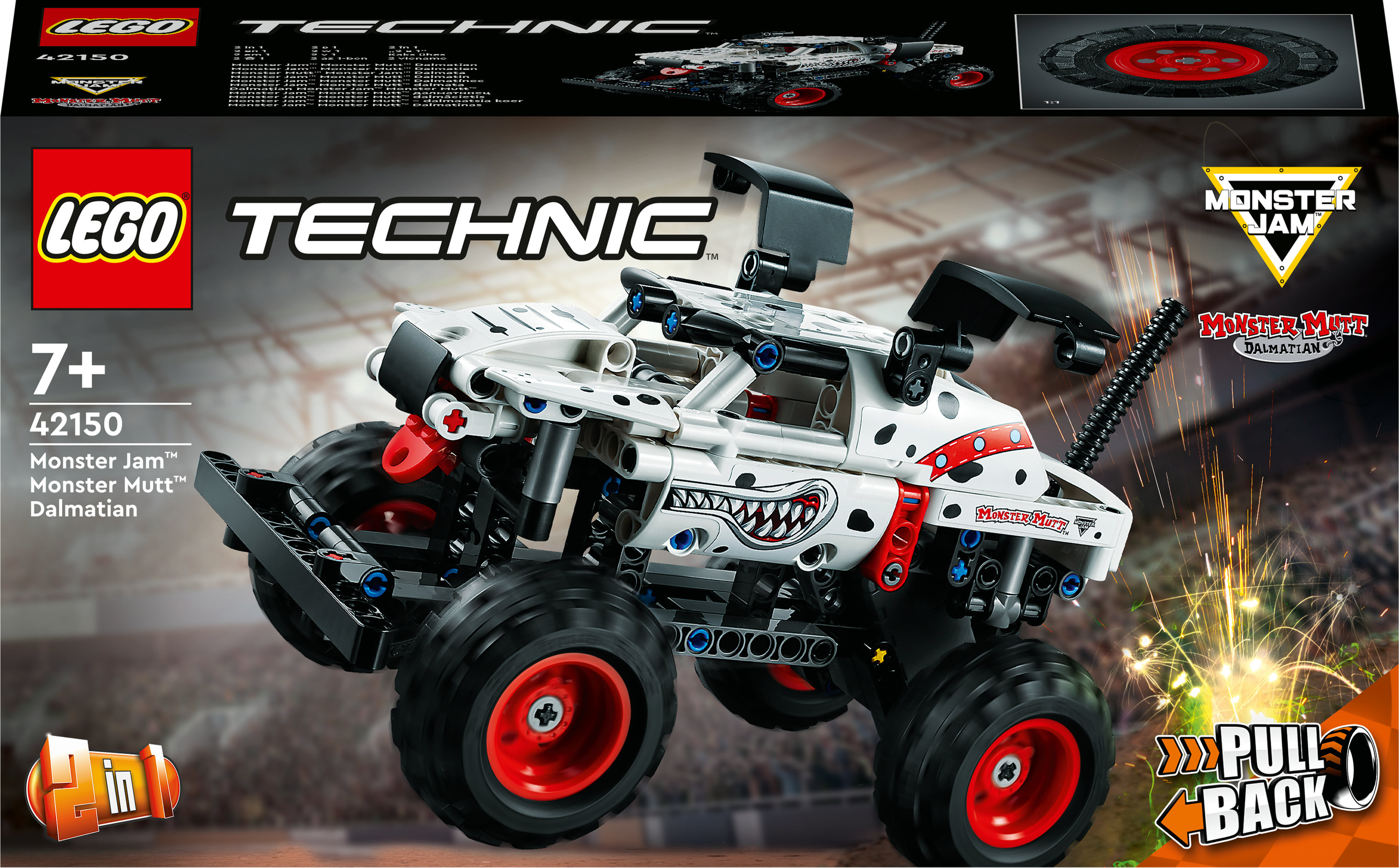 Lego Technic Box-Set eines Monster Jam Monster Mutt Dalmatiner Trucks mit Funken.