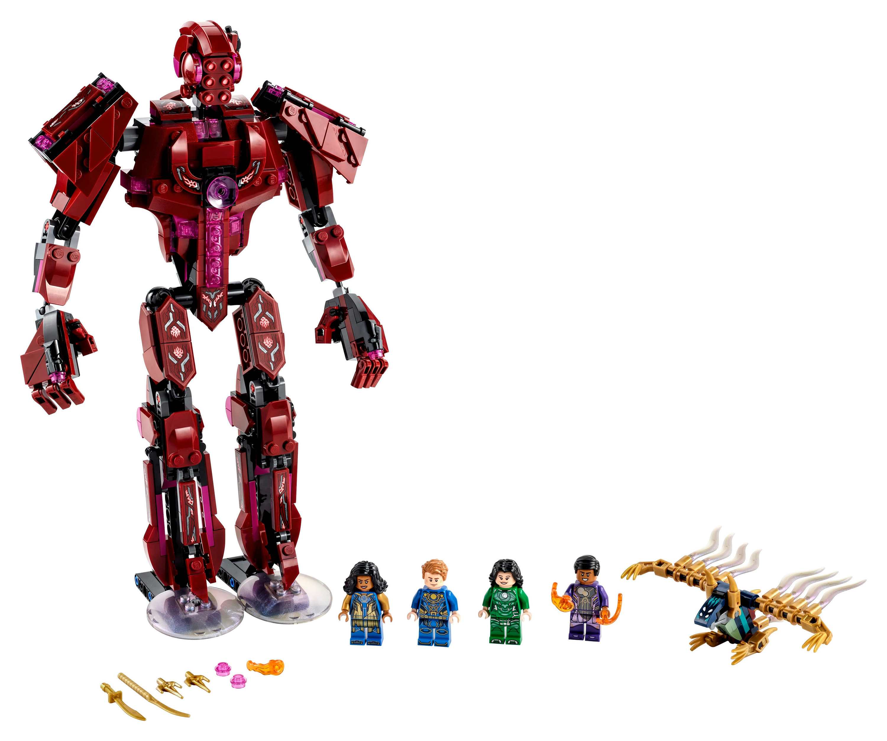 Ein rotes Lego-Figuren-Set mit einem großen roten und schwarzen Mech-Roboter und mehreren Minifiguren.