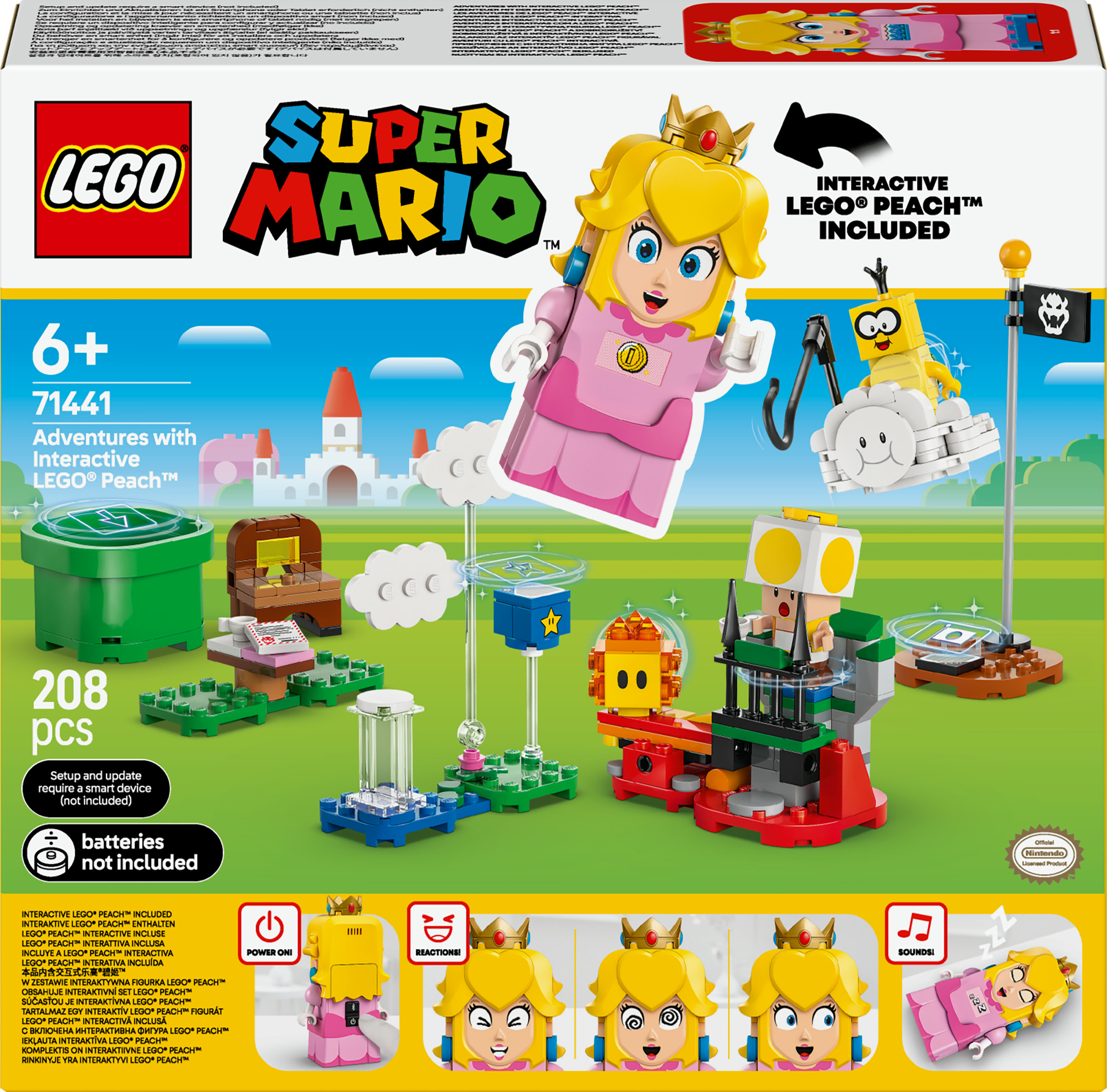 Ensemble Lego Super Mario : Peach avec fonctions interactives et éléments de jeu.