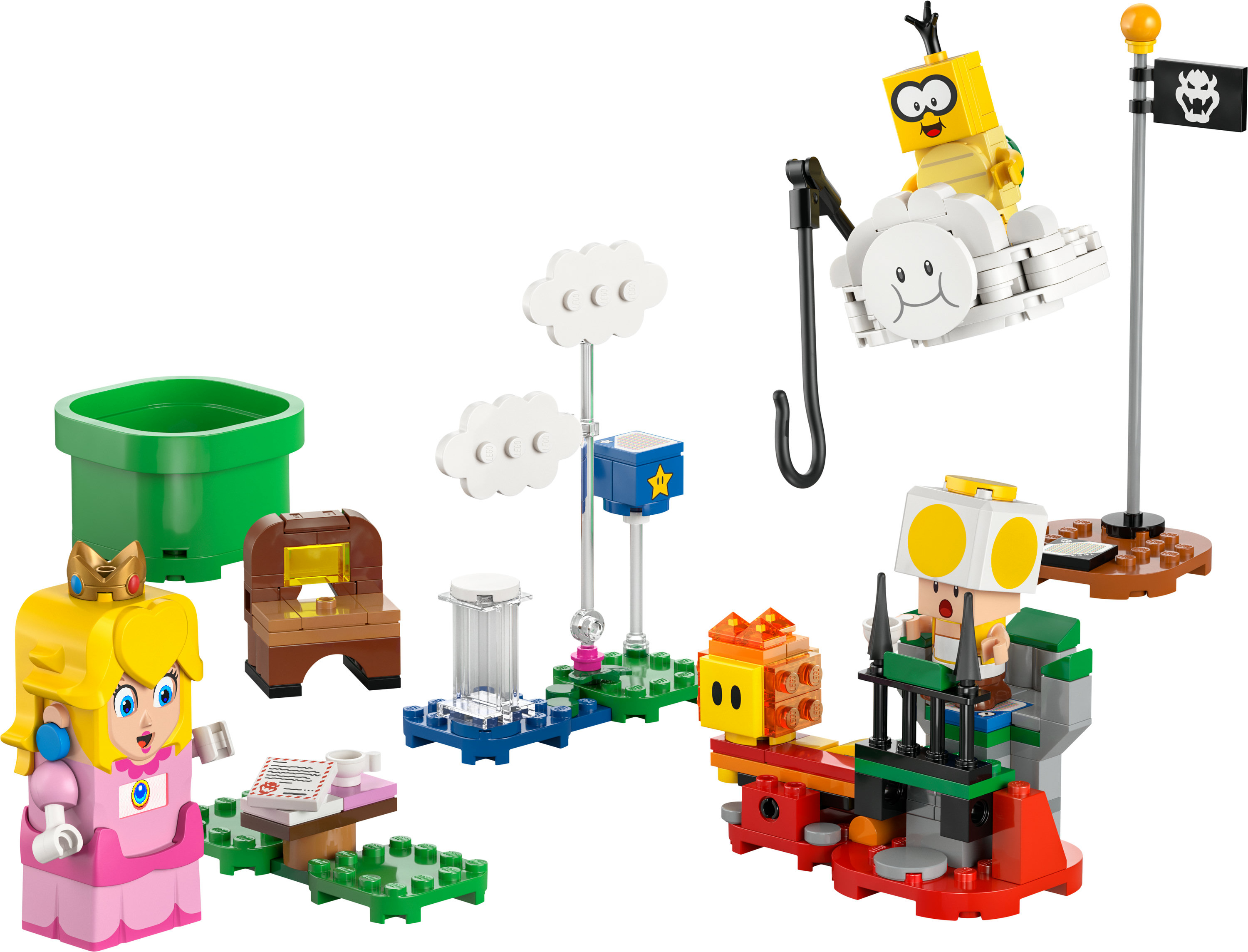 Ensemble Lego Mario avec la princesse Peach, Goomba, un tuyau vert et un drapeau Bowser.