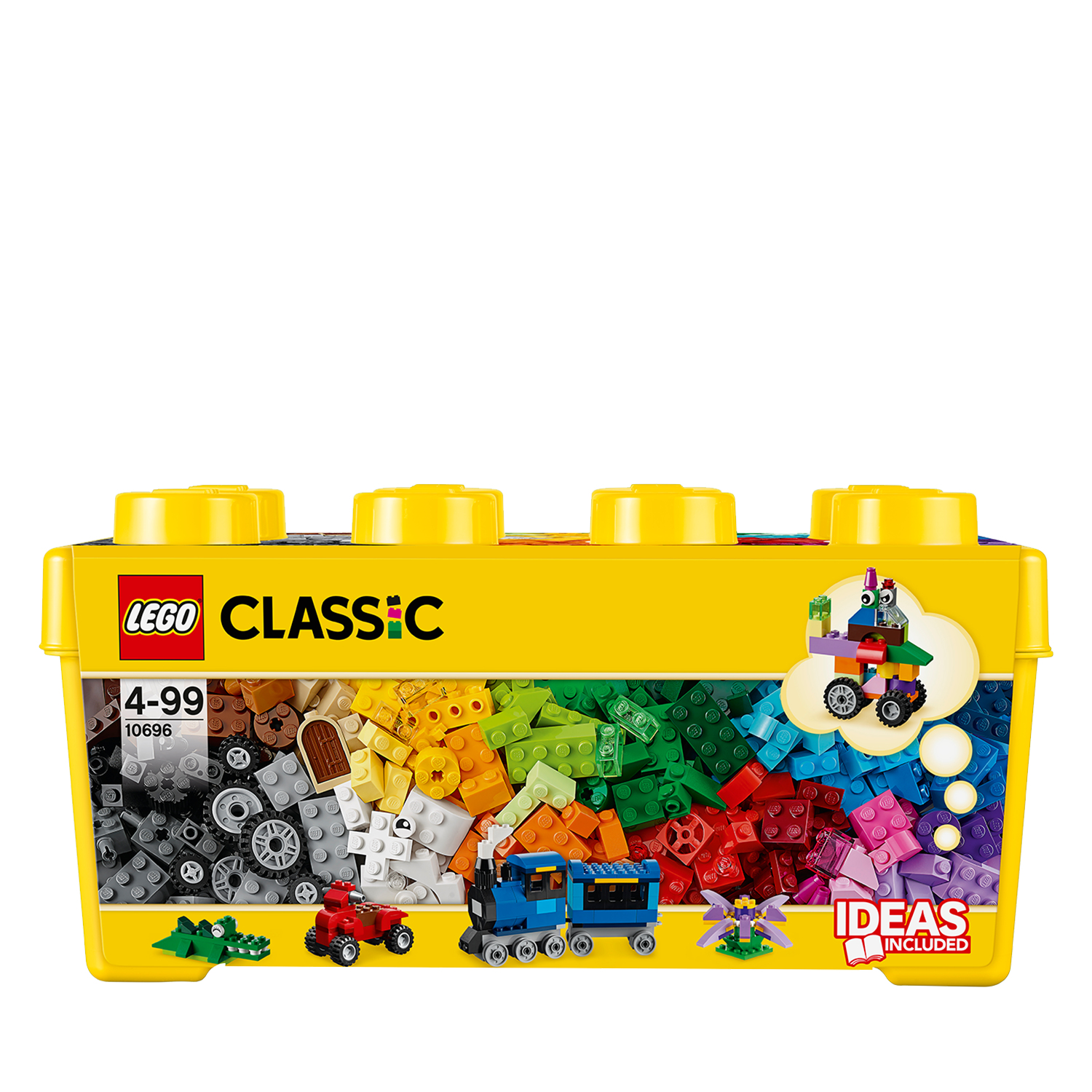 Zestaw Lego Classic z różnymi klockami Lego i mini-konstrukcjami w środku.