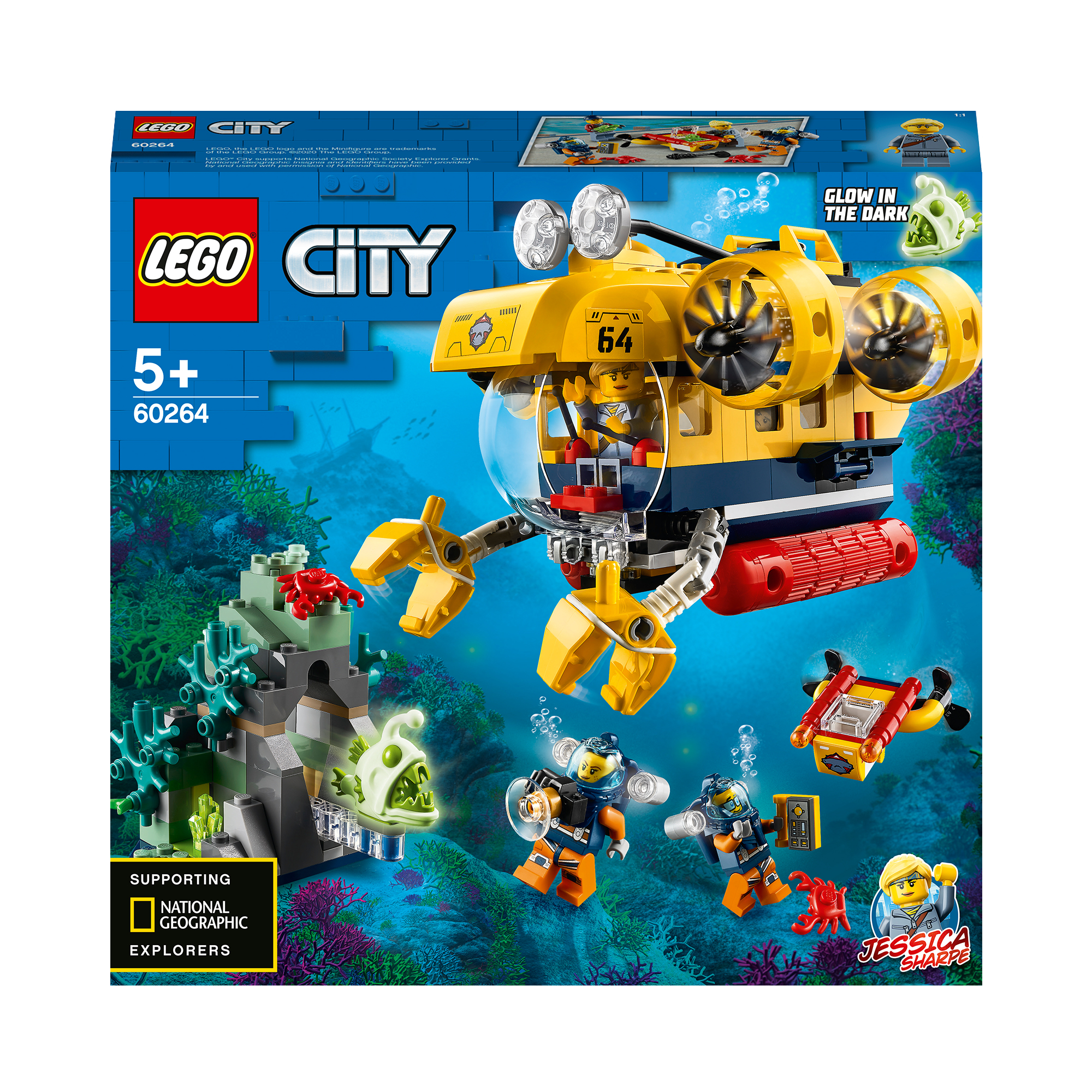 Lego City Set. Ein gelbes U-Boot mit transparenter Kuppel, zwei Tauchern, einem Meeresbewohner und einem Wrack.