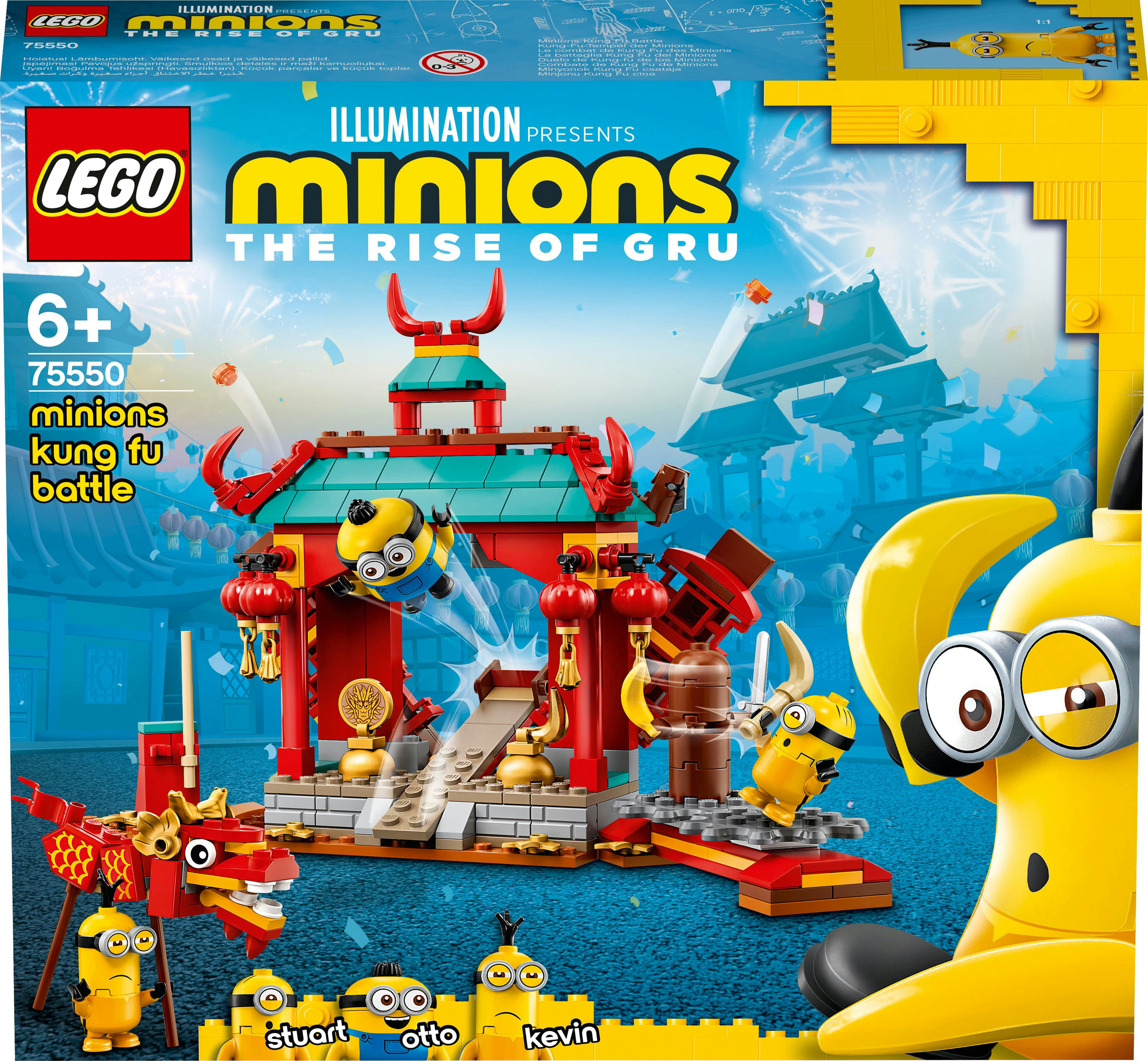 Ein Lego-Set-Kartong zeigt Minions in einer Kung-Fu-Kampfszene mit einer roten Pagode und mehreren Minion-Figuren.