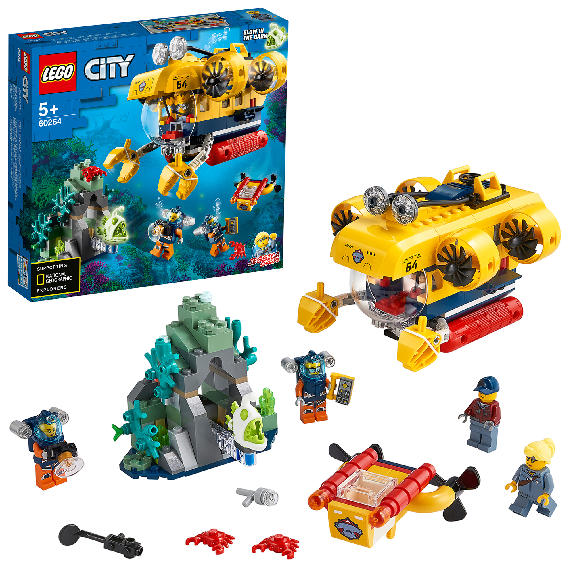 Lego City U-Boot-Set. Es enthält ein gelbes U-Boot, Minifiguren und Unterwasserelemente.