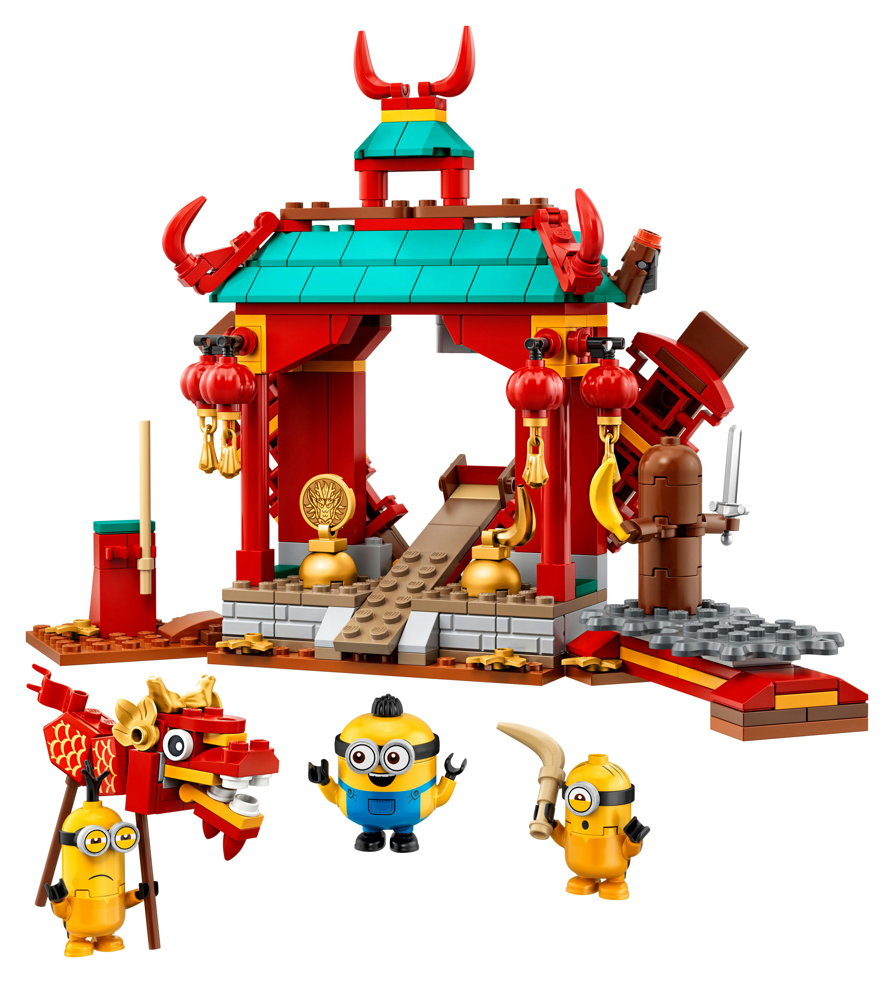 Ein Lego Set mit rotem Tempel, Minions Figuren und einem Drachen. Das Set steht auf weißem Grund.