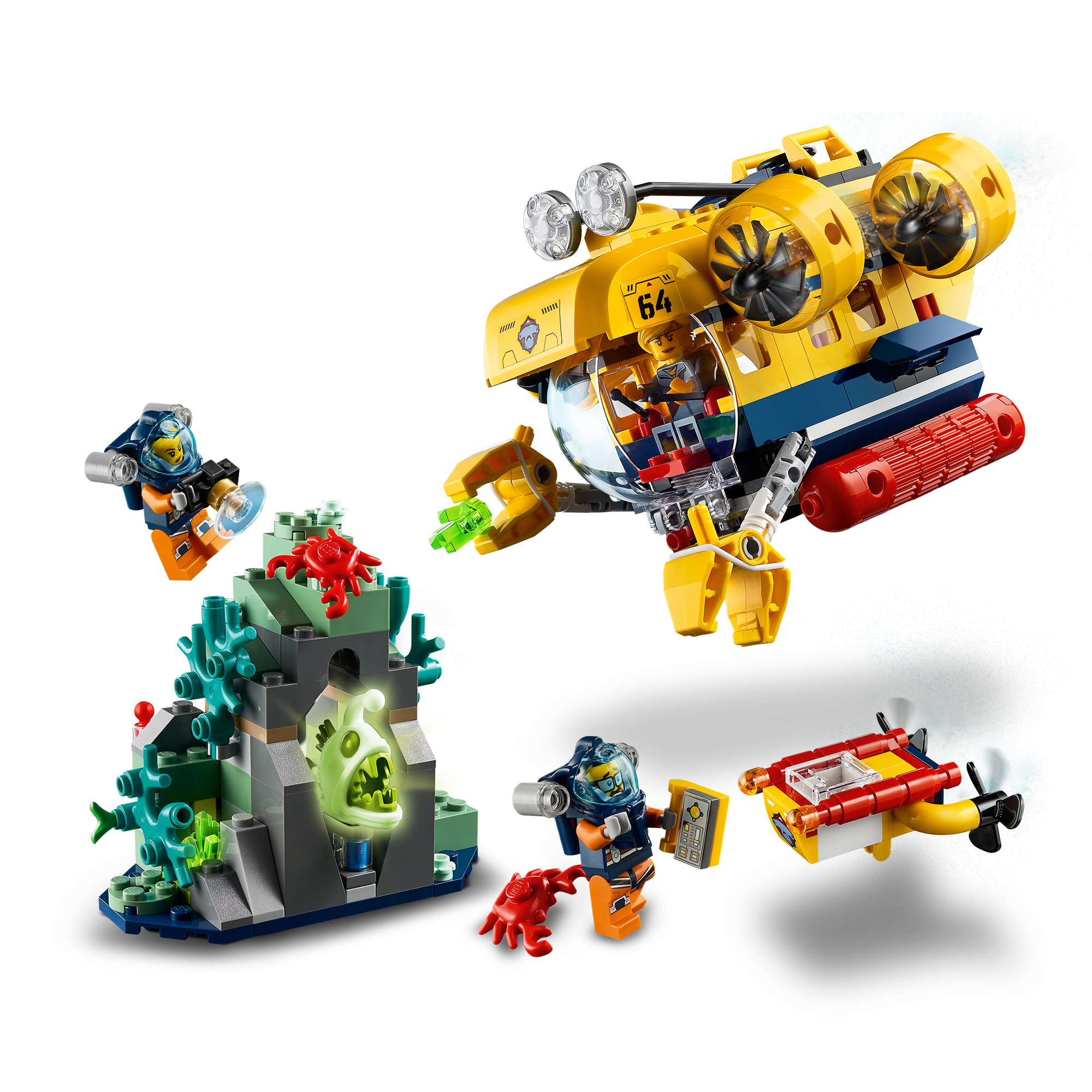 LEGO-Set mit einem gelben U-Boot, Tauchern und Unterwasserszene.