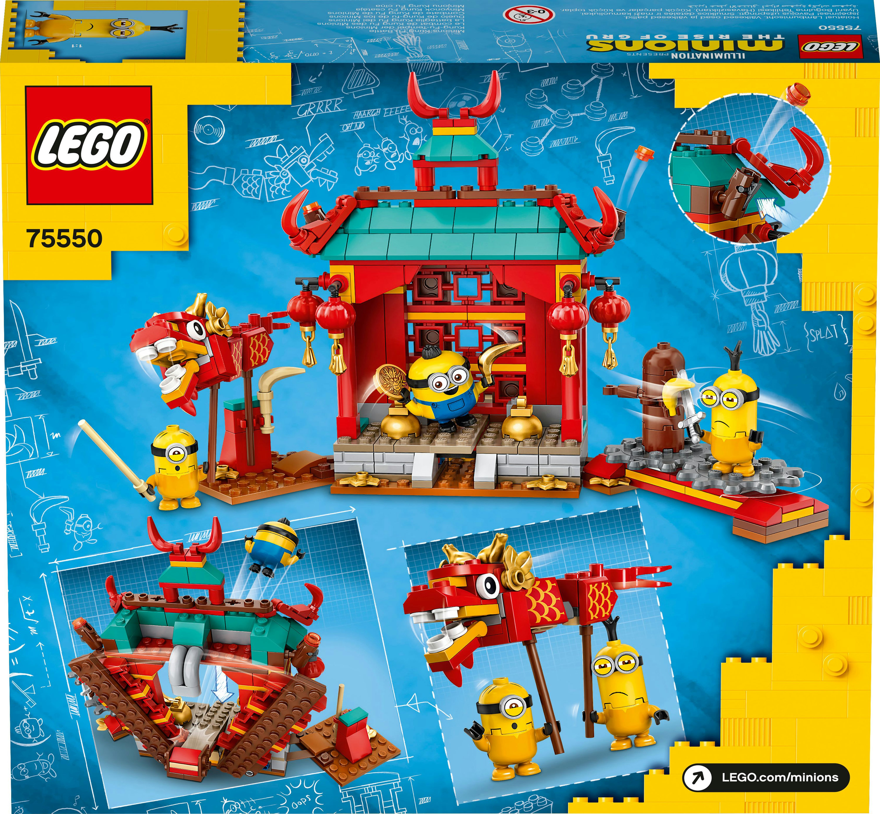 Lego Minions Set-Box. Tempelszene mit Minions-Figuren und einem Drachen.