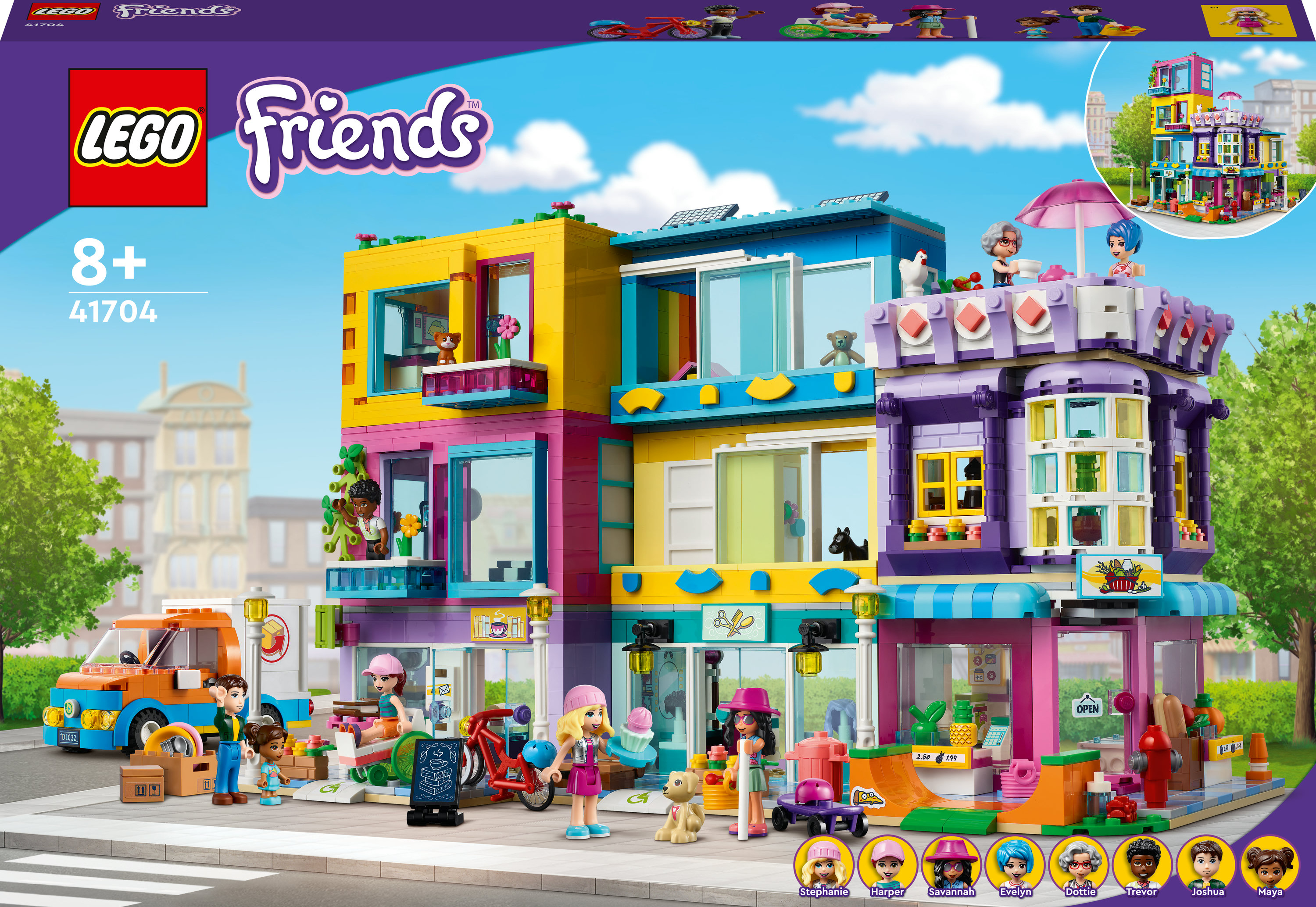 Lego Friends set met een kleurrijk gebouw met meerdere verdiepingen, winkels en figuren. Een auto en accessoires zijn ook inbegrepen.