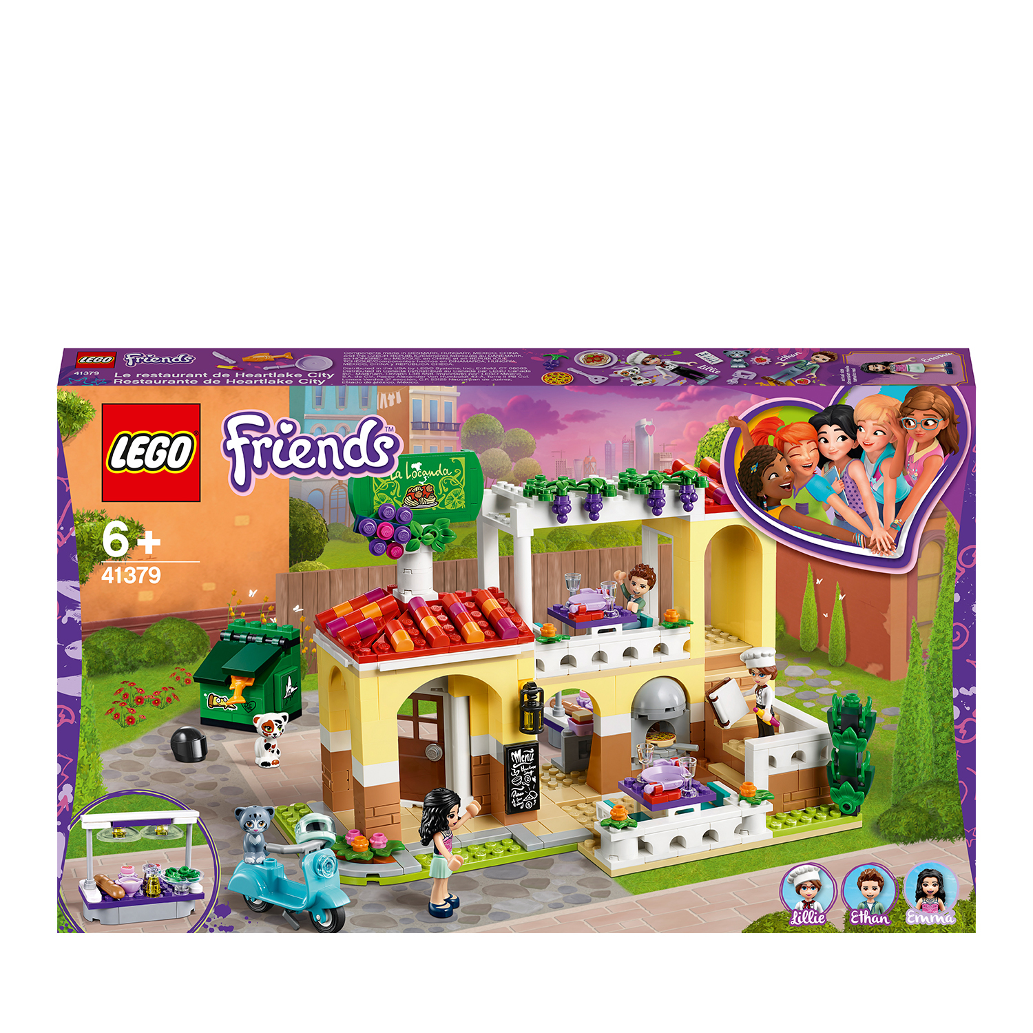 Zestaw Lego Friends. Restauracja ze stołami, jedzeniem i postaciami, w tym skuterem i psem.