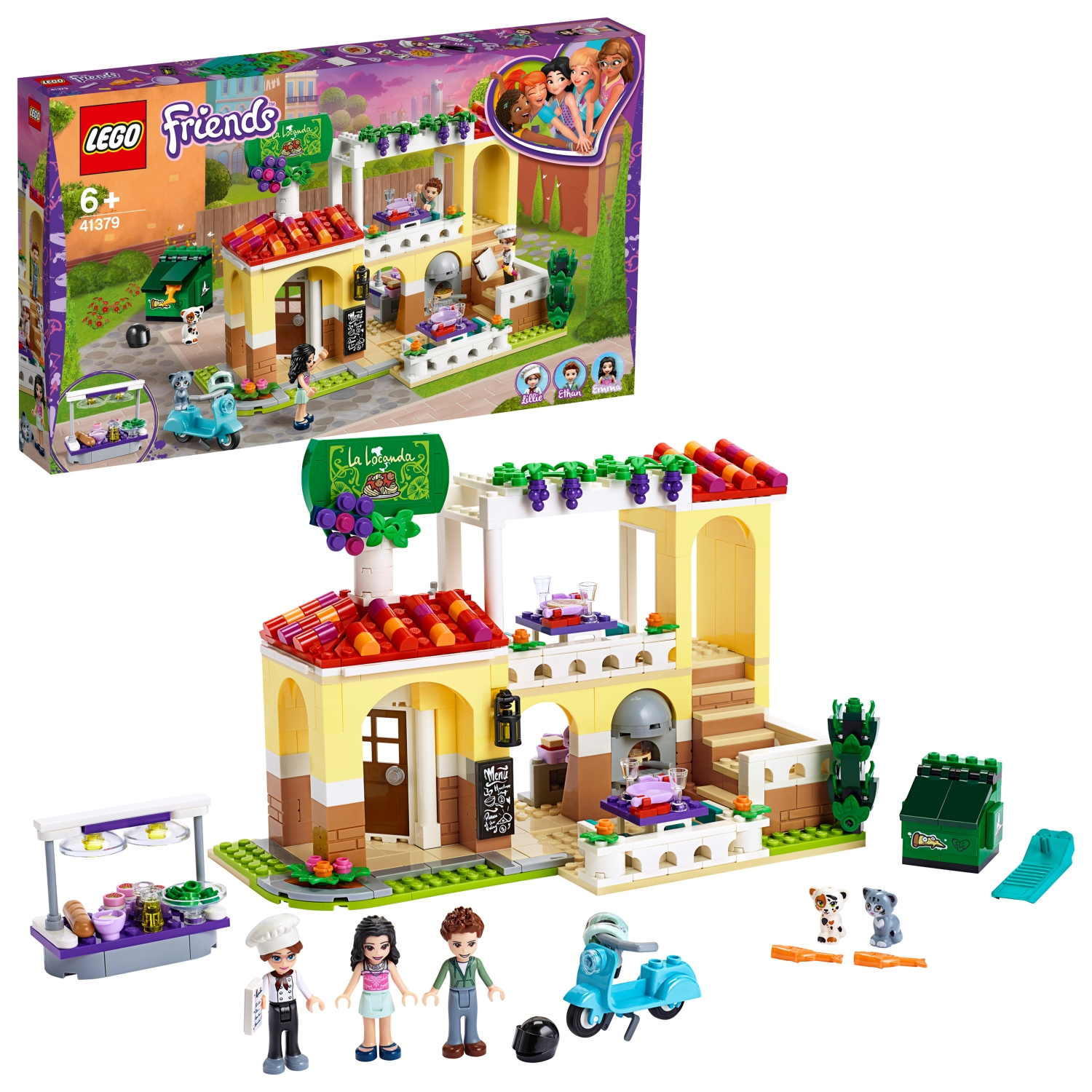 Zestaw Lego Friends z budynkiem, figurkami i skuterem. Obecne jest pudełko.