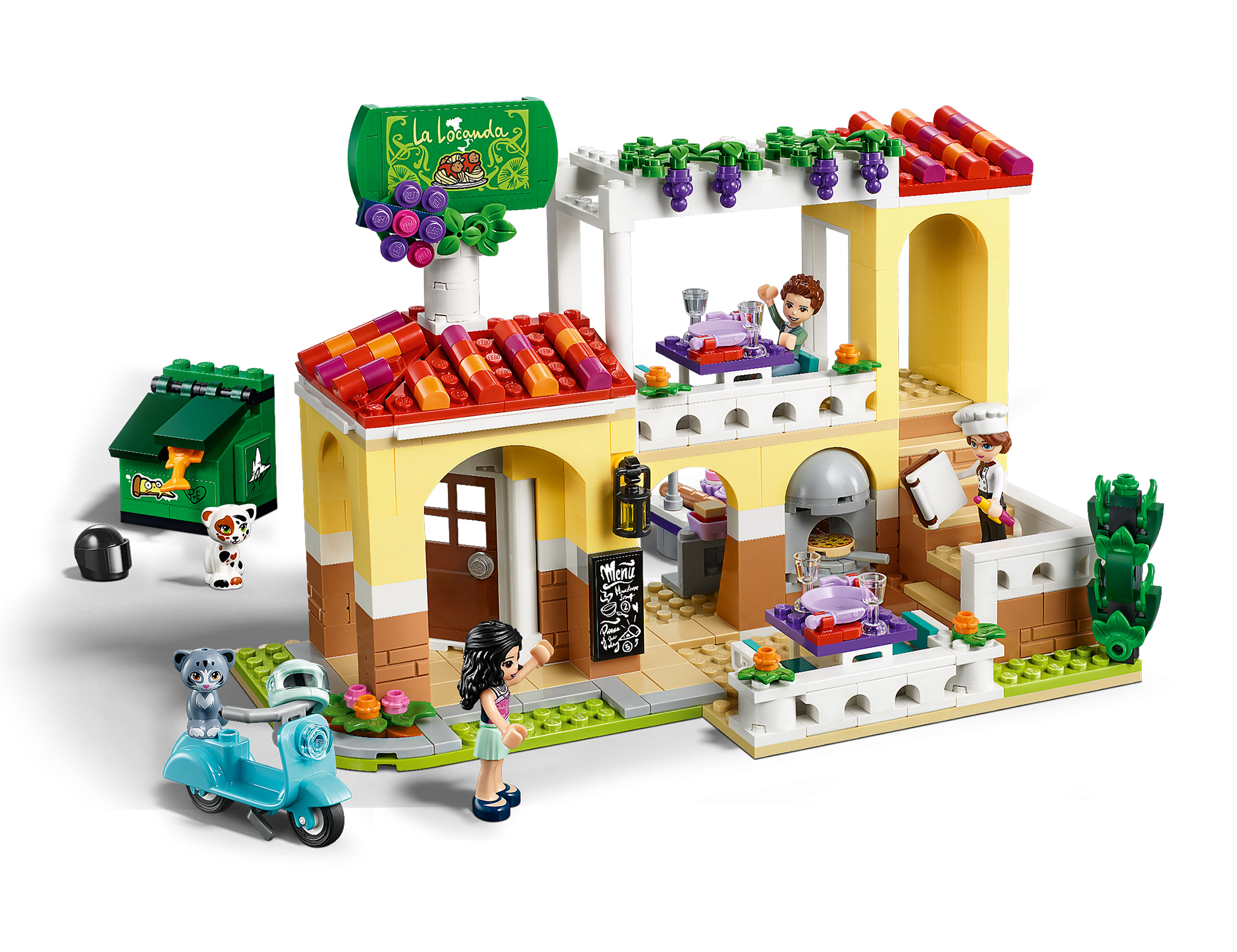 Zestaw Lego Friends La Dogana ze sceną restauracji. Zawiera figurki i produkty spożywcze. Posiada skuter.