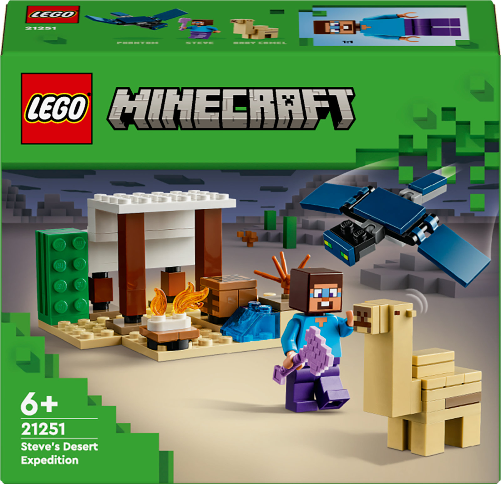 Boîte du set Lego Minecraft montrant une scène désertique avec un personnage, un lama, des structures et une machine volante.