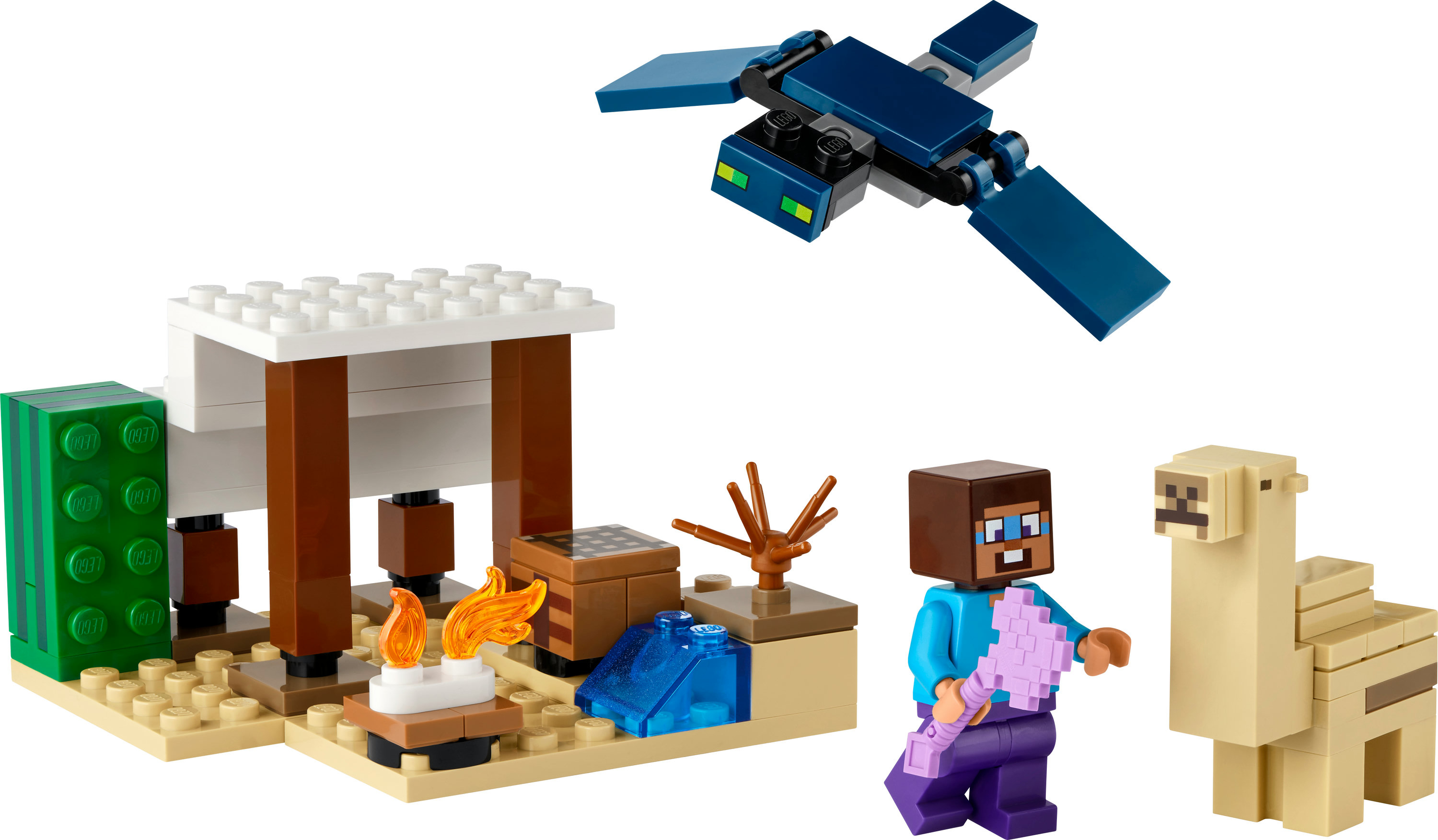 Ensemble Lego Minecraft : scène de désert avec structure, Steve, un chameau et une créature volante. Inclut feu et eau.