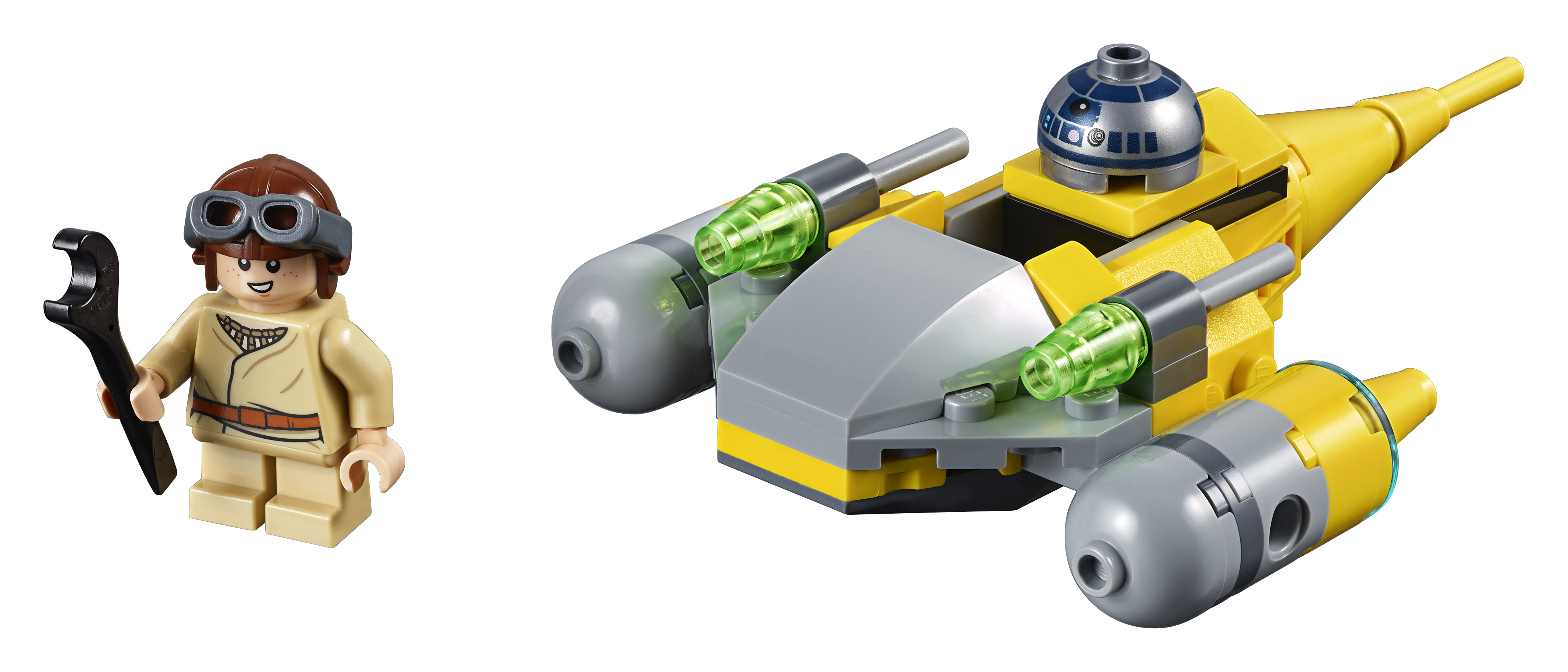 Ein gelber Lego Star Wars Sternjäger mit einer Minifigur eines Piloten mit einem Schraubenschlüssel.