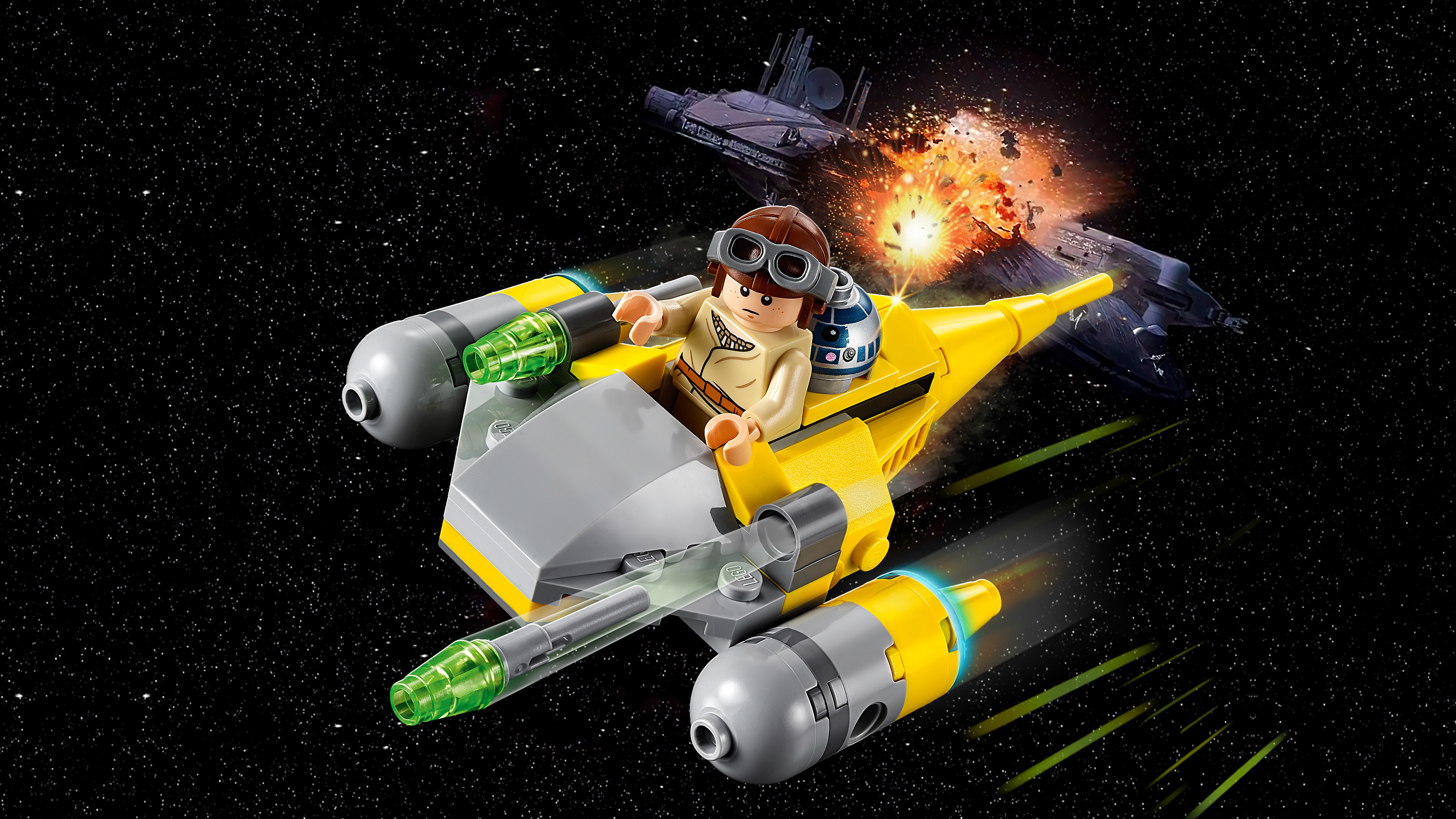 Ein Lego Star Wars Set mit einem gelben Sternjäger und Anakin Skywalker in einer Weltraumszene mit Explosionen.