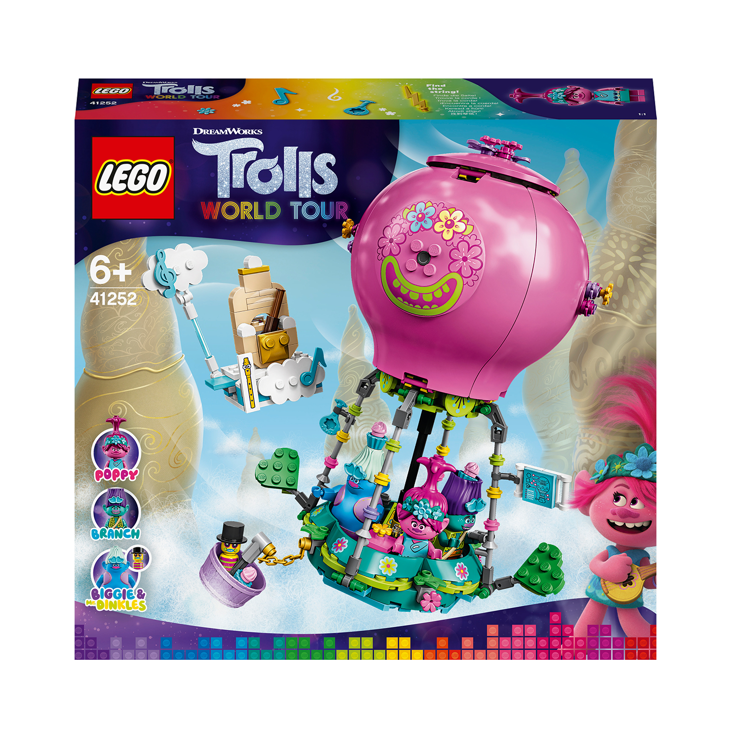Ein Lego Trolls World Tour Set mit einem rosa Heißluftballon und Trolls-Figuren.