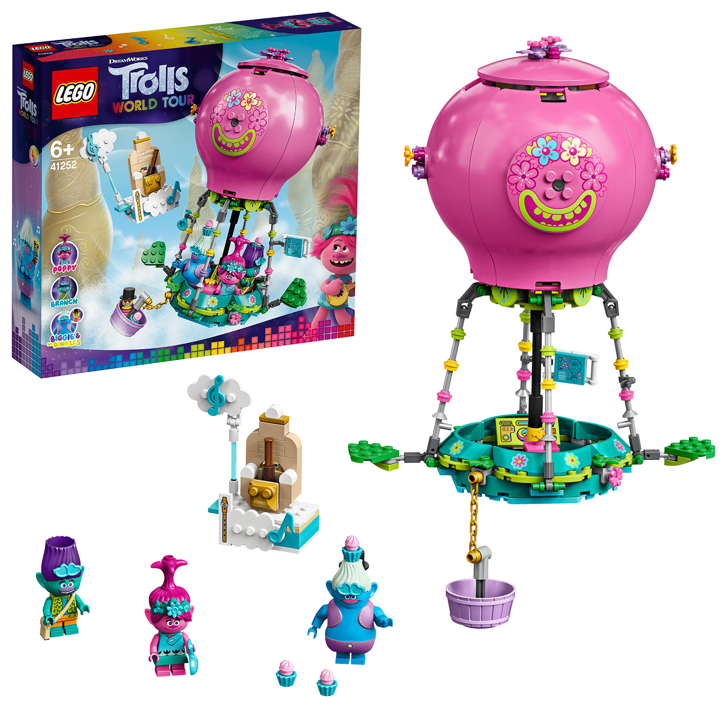 Lego Trolls World Tour Set. Enthält einen rosa Heißluftballon, Trolle und eine Box mit dem Set-Bild.