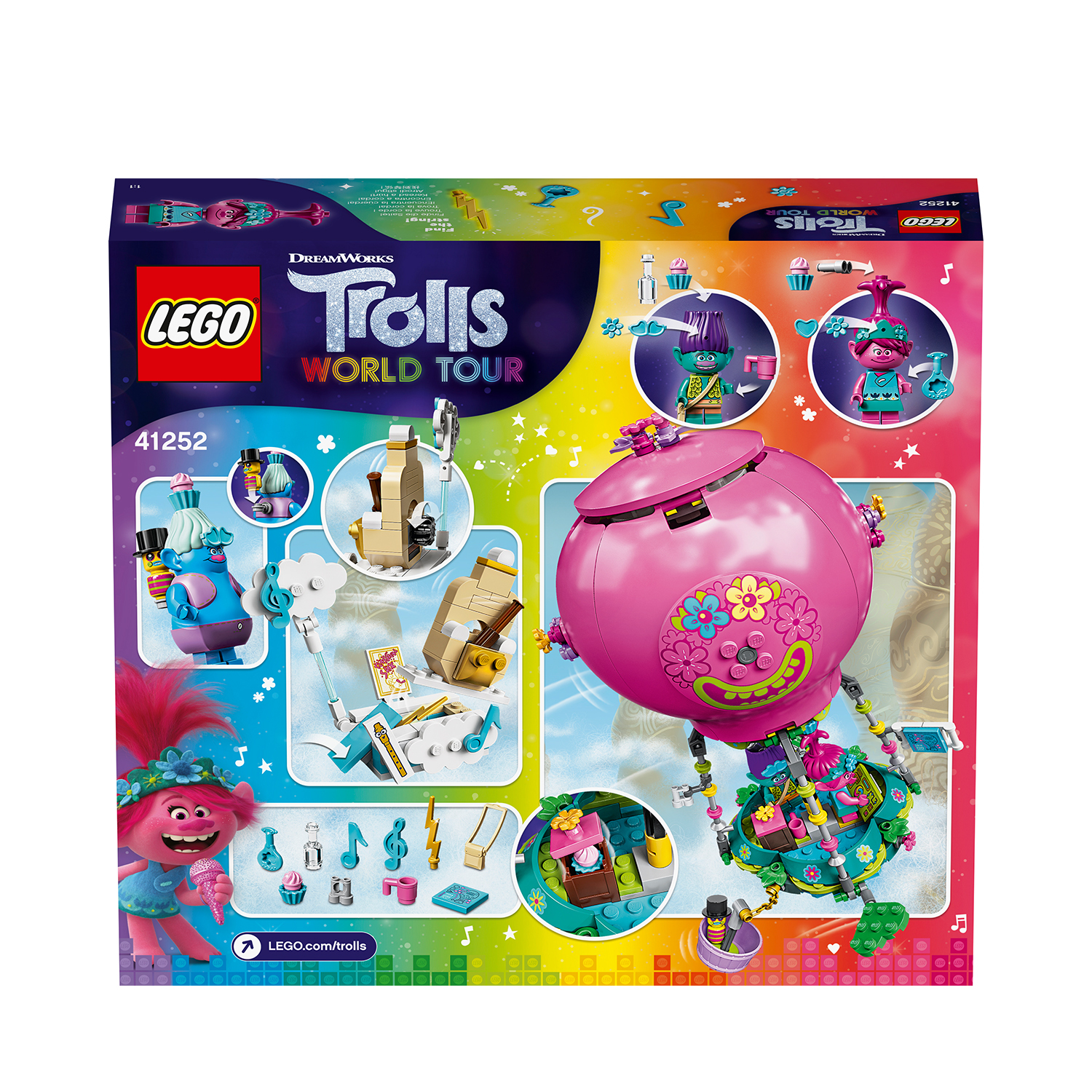 LEGO Trolls World Tour Set. Verfügt über eine große rosa Struktur mit Trolls-Charakteren und Zubehör.